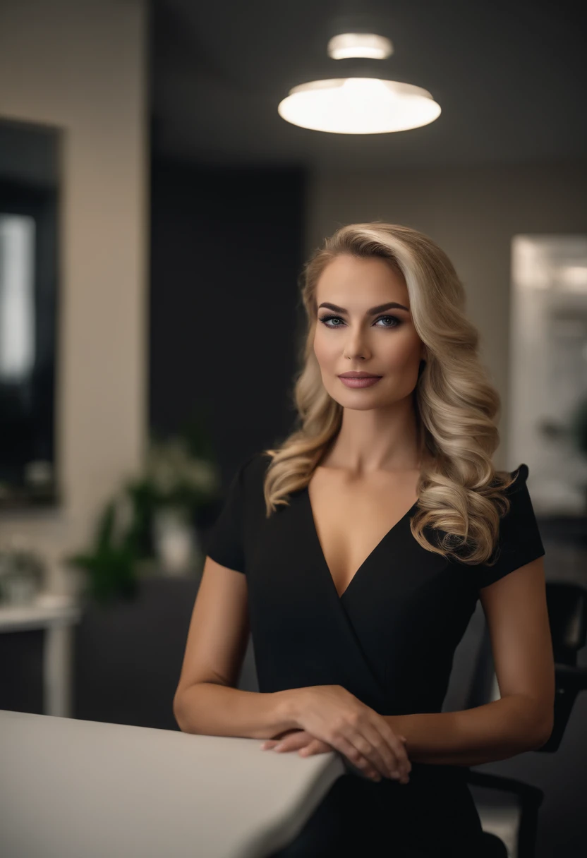 a beautiful woman in the cosmetologist's office, professional, (4k photo:1.1), high detail, wearing black business dress, beautiful detailed face, hazel eyes, not too long blonde hair, body shape, massage table, windows