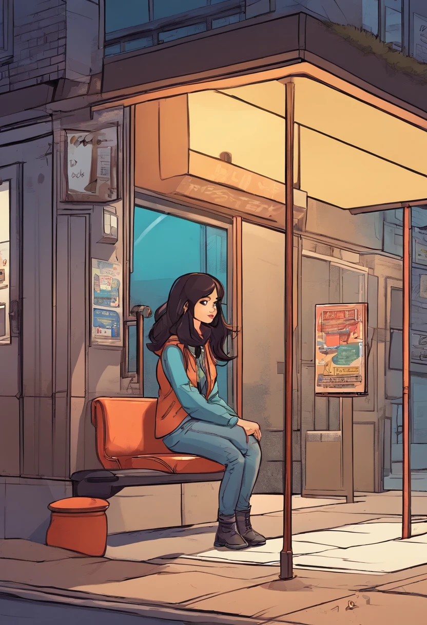 Girl waiting at the bus stop　A dark-haired　muffler