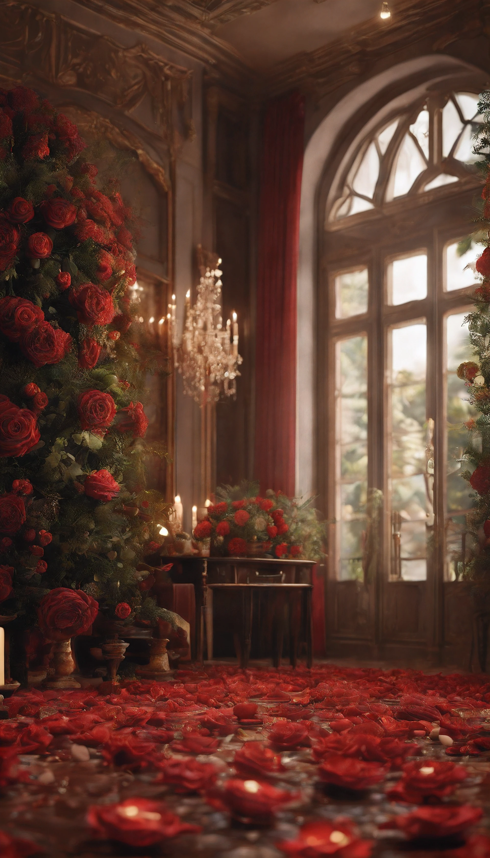 (Best quality, 32K resolution, High-res, Ultra-detailed, Photorealistic,Finely portrayed details), The engine of Unreal 5, A magnificent room,The floor is covered with a large number of flowers, romantic motifs, Portal for rose making, MajesticBackdrops, floral environment, Beautiful scenery, Flower beds on the floor, wallpaper aesthetic, E-commerce live room background,Hyper-realistic rendering, Exquisite composition, Breathtaking wallpapers, stunning visuals, Landscape wallpaper aesthetics, Red elegant background, red reflections, C4D render, top notch quality, RAW photo"