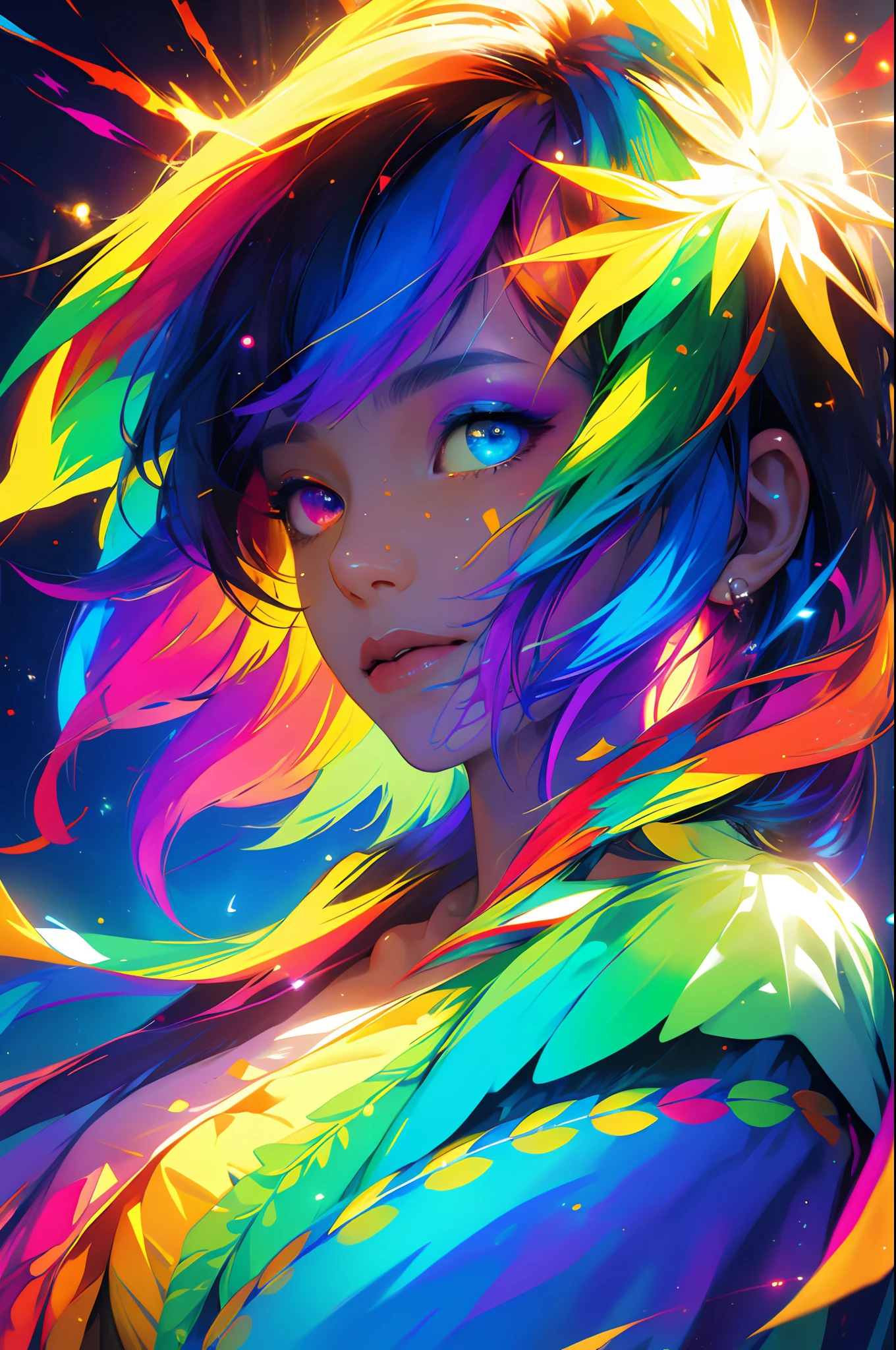 {{masterpiece}}, best quality, cinematic lighting, lens flare, medium breasts, beautiful detail eyes, multicolor hair, colorful light particles, heterochromia, (colorful:1.5), (colorful hair:1.5),