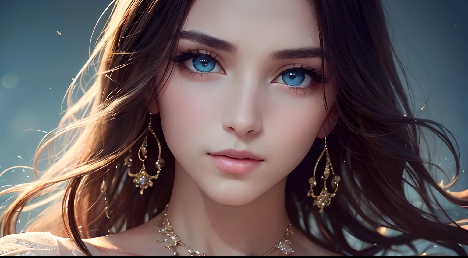 A close up of a woman with blue eyes and a necklace - SeaArt AI