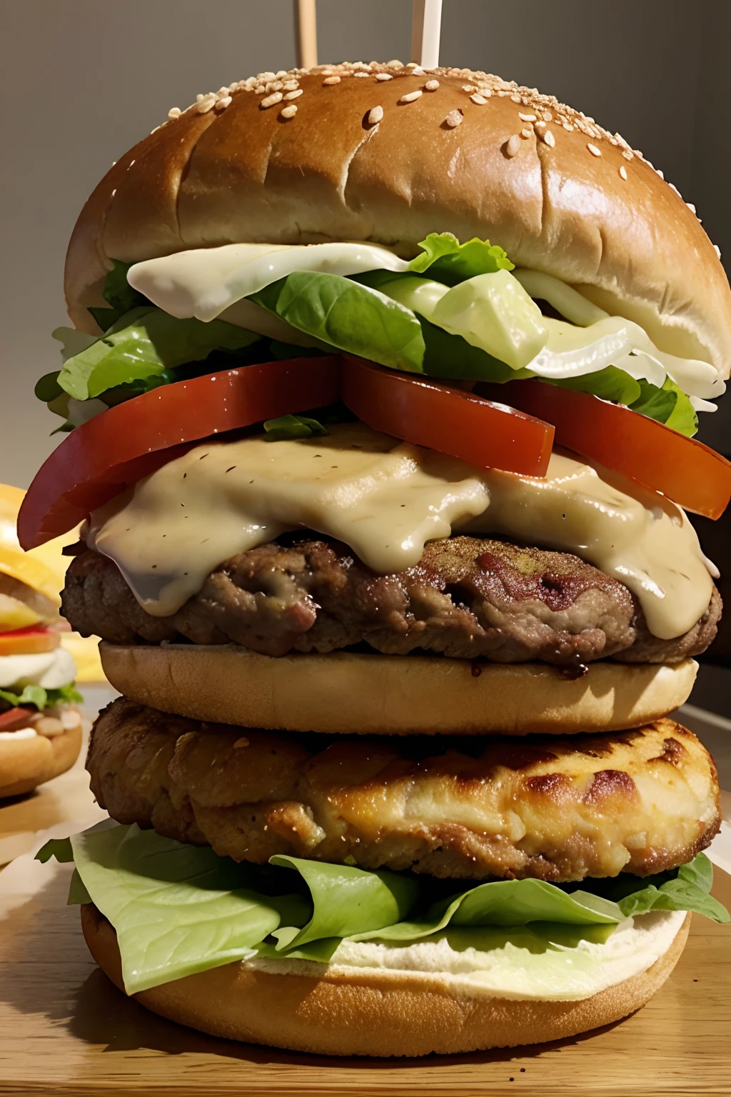 criar uma imagem de um Hamburguer 8k, gigante com 8 carnes