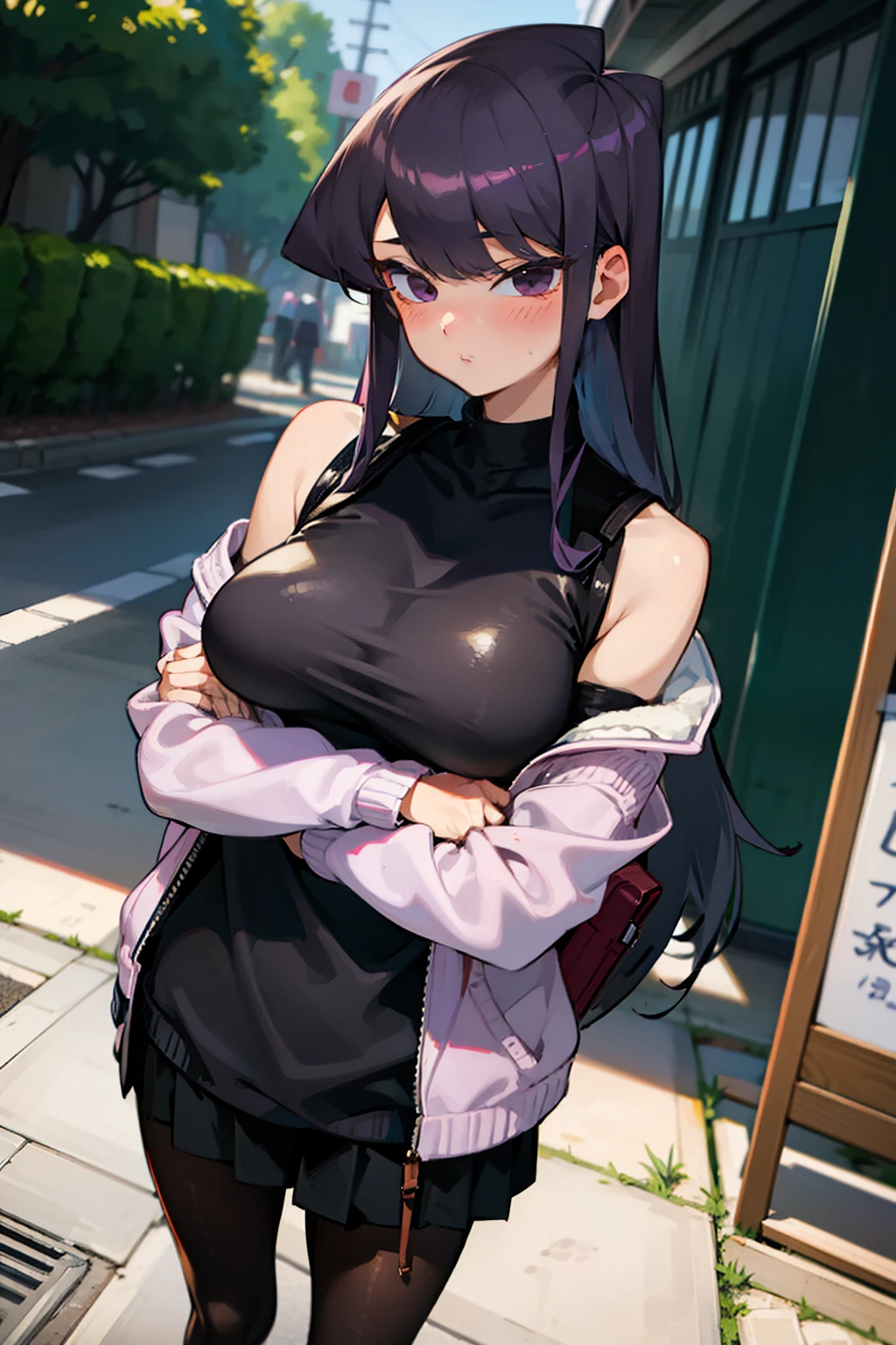 (komishuuko),beautiful,masterpiece, best quality, extremely detailed face,big breasts,looking at viewer, 1 girl, shy, blush, dark purple hair, ((long hair)), standing, japan street, tank top, tights, leather backpack, jacket