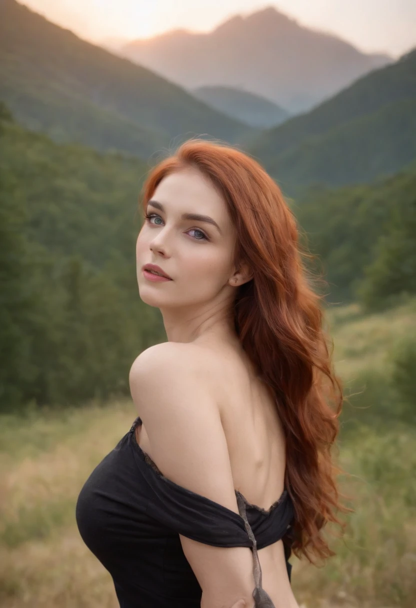(best quality,4k,8k,highres,masterpiece:1.2),ultra-detailed,(realistic,photorealistic,photo-realistic:1.37),HDR,UHD,studio lighting,extreme detail description,professional,vivid colors,bokeh,beautiful young woman,long flowing red hair,[tent],[sexy lingerie],[mischievous],[looking at viewer],[outdoor],[cuckold camping scene implied] Wide angle view, full body visible, perfect eyes, blue eyes