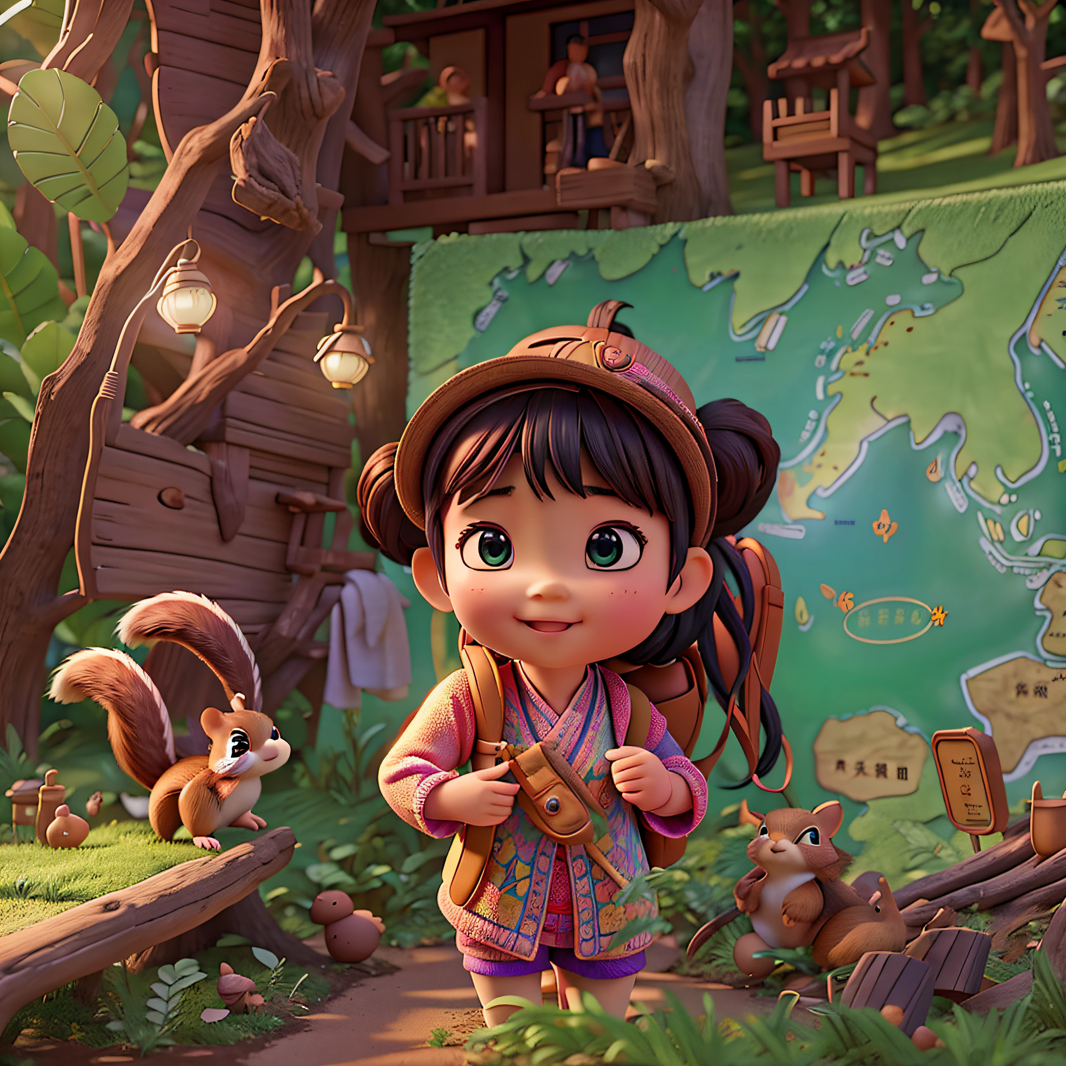 （Pixar style），Five-year-old Chinese girl with a little squirrel，The face was particularly happy，Look at a big map，In the early morning forest，Carrying a large backpack，Miniature character model， Light source from right to left， Rum lighting， Light source from right to left， （iso-distance view）， （Top-down）， Realistic proportions， Post-processing， （（Orthogonal perspective））， Super detail， Realistic， Super realistic， photoreal render， Irridescent color， glitters