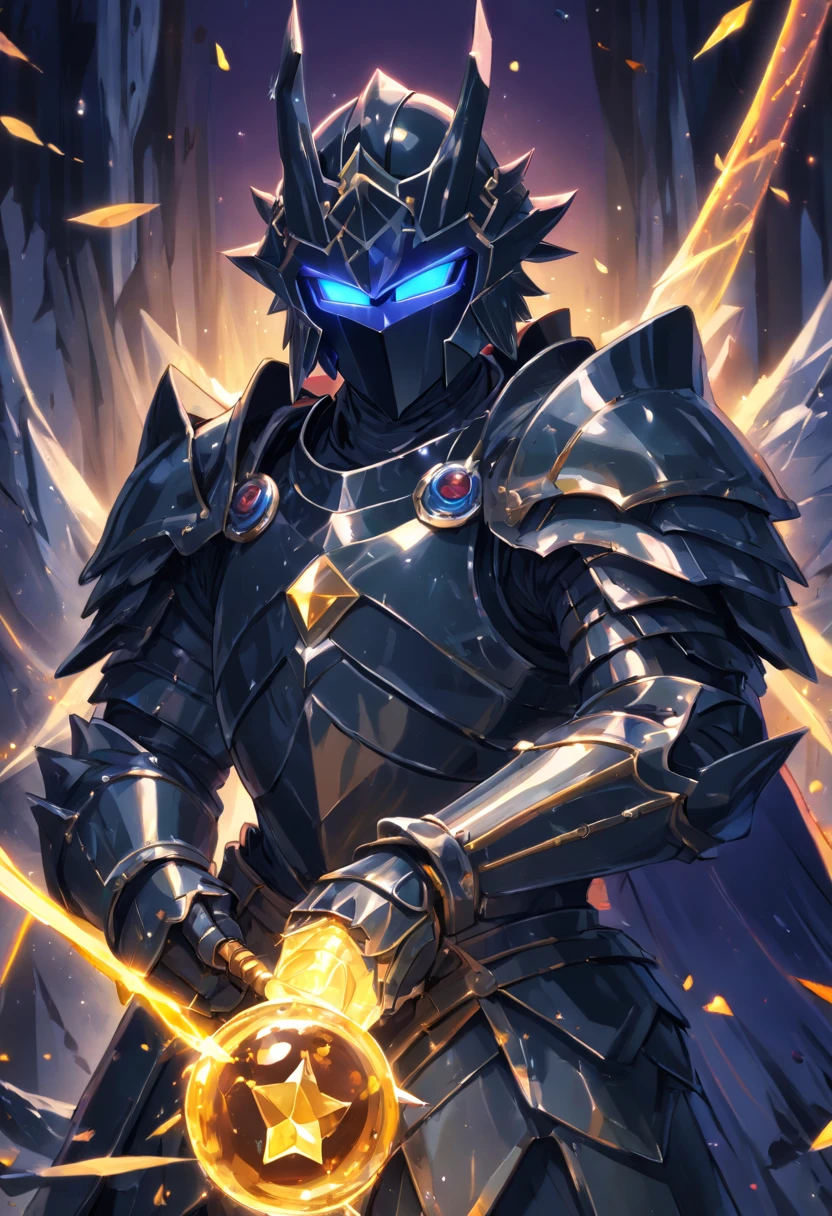 (best quality, HDR, 4k, highres, masterpiece:1.2), monochromatic, black crystal armor, obsidian armor, male, crystal skin, sharp focus, ultra-detailed, mysterious lighting, bulky figure, imposing, completely covered