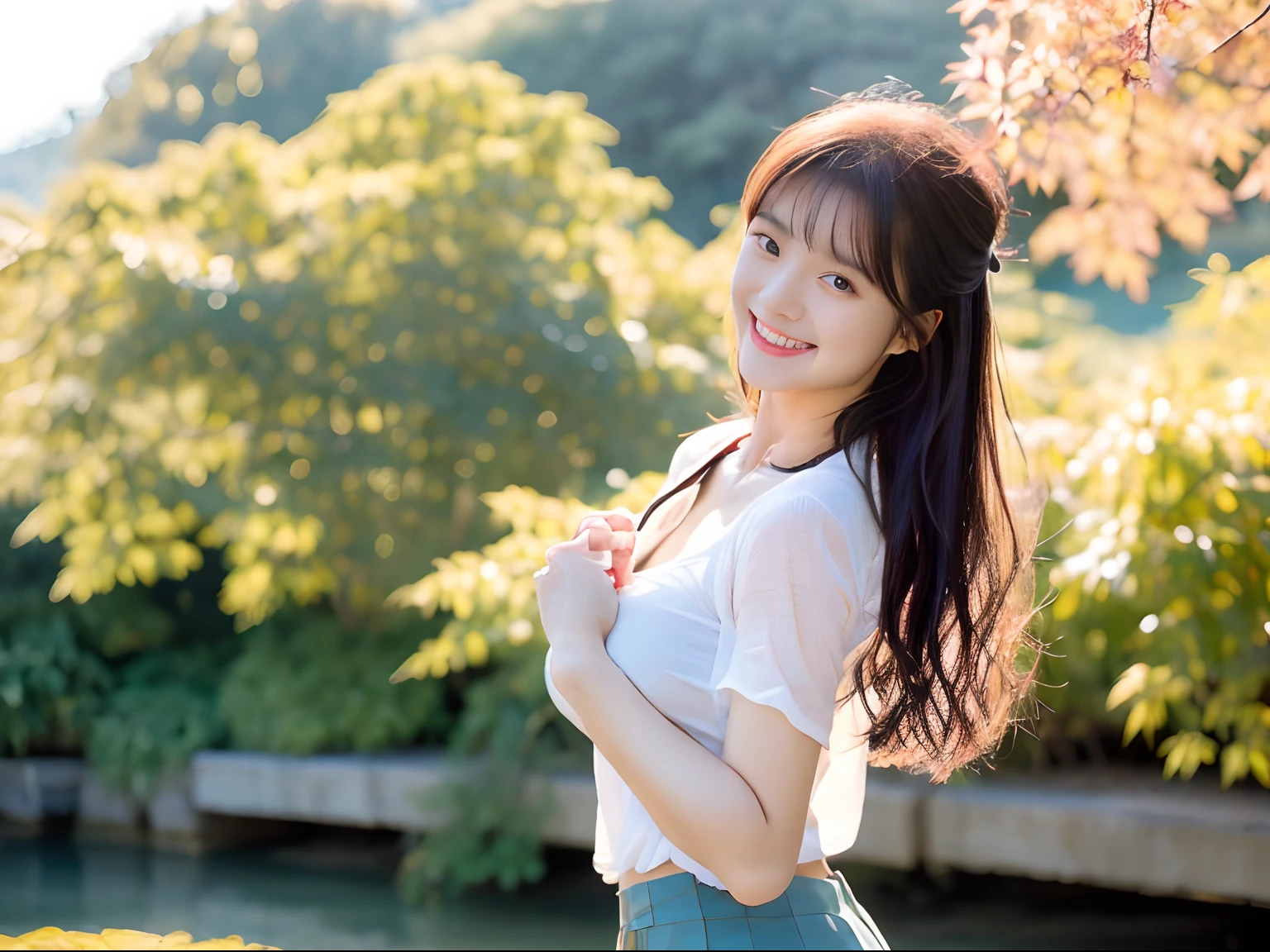 (best quality, 8k, 32k, masterpiece, UHD:1.2), highres, sharp focus, detailed outfit, beautiful detailed hair, delicate details, 1 girl, black hair, long hair, bangs, white panty, large breasts, opened shirt, wet and transparent shirt, without brassiere, pink nipples, cleavage, thigh highs, school uniform, cute, shy, light smile, outdoors, trees, leaves changing color, shiny body, breezed hair, breezed skirt, dynamic pose, dynamic angle, from side, nice hands, perfect hands, cute panty, spread legs, elegant fingers, Japanese shrine, pond, Japanese maples,