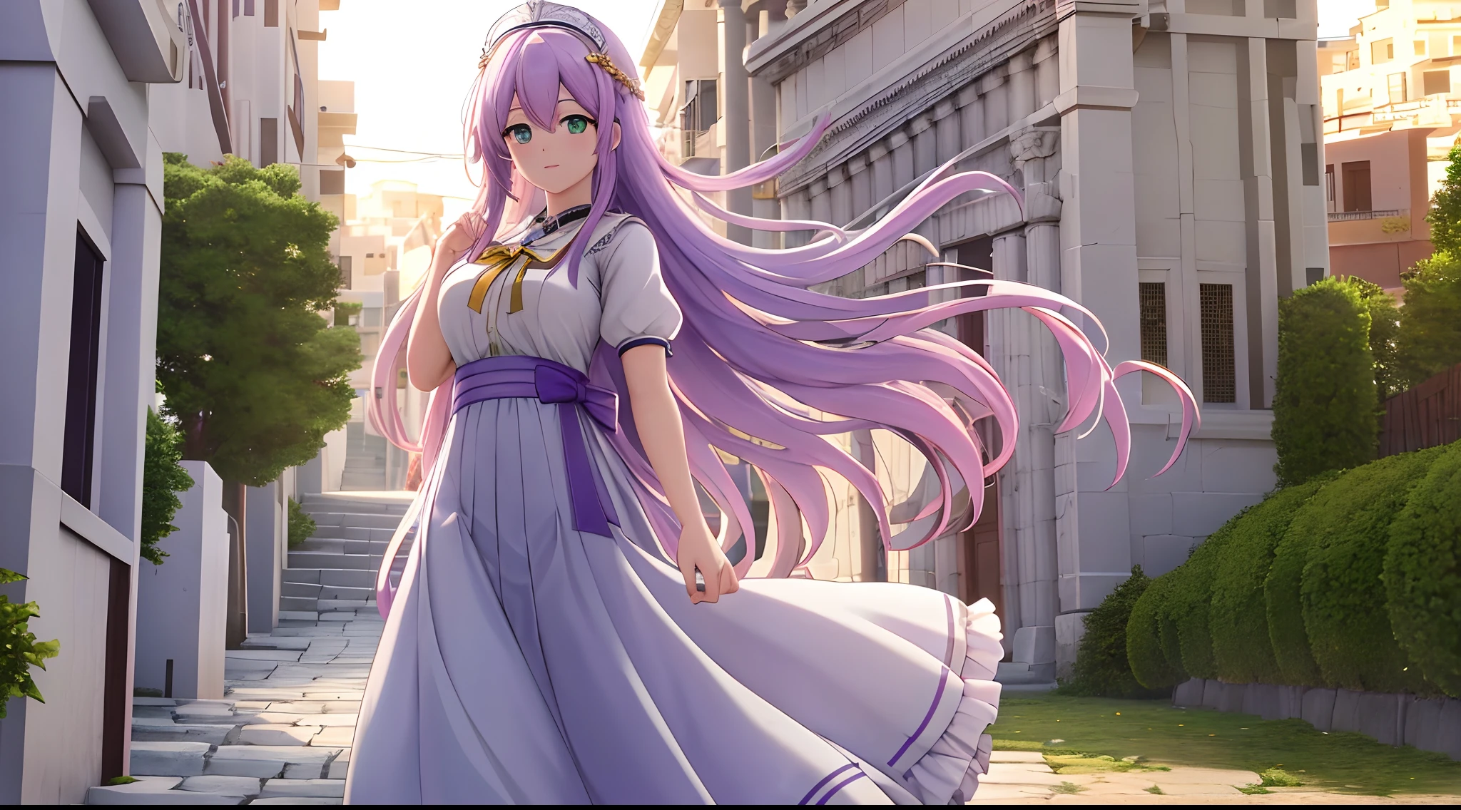 Athena with plain long light purple hair,hair between eyes,green eyes,rosy cheeks,full lips,thin eyebrows,slender body,wearing maid uniform and full long skirt,praying beads on neck,cute anime girl,full body,greek Acropolis street in background,anime style,Lumen Reflections,Screen Space Reflections,Diffraction Grading,Chromatic Aberration,GB Displacement,Scan Lines,Ray Traced,Anti-Aliasing,FXAA,TXAA,RTX,SSAO,Shaders,OpenGL-Shaders, GLSL-Shaders,Post Processing,Post-Production,cell Shading,Tone Mapping,CGI,VFX,SFX,insanely detailed and intricate, 4K,standing, solo, masterpiece, best quality, detailed face, detailed eyes, highres, standing, solo,masterpiece, best quality