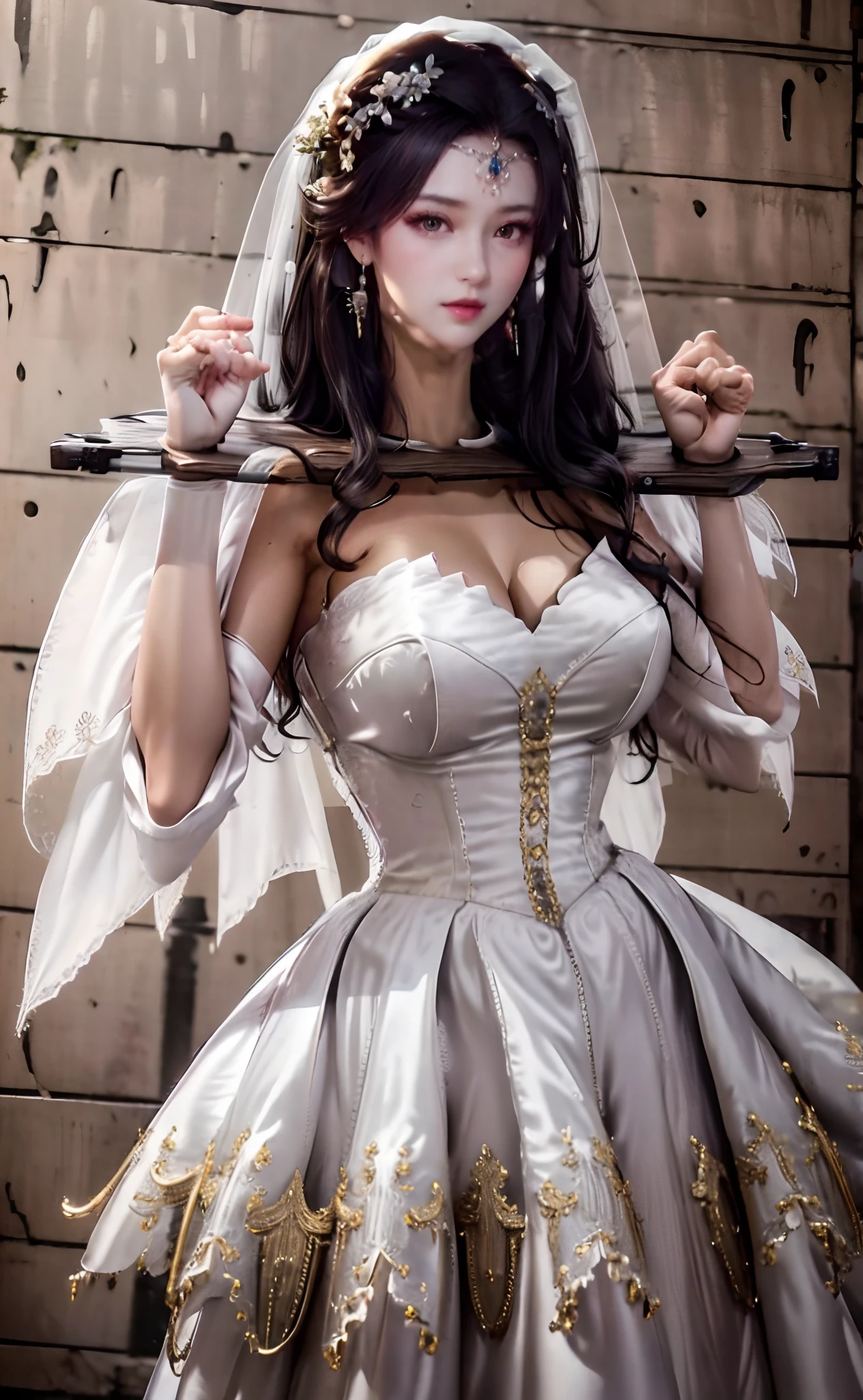 Close-up of a beautiful bride in a beautiful wedding dress, Gurvetz,( pillory:1.5), Flail on the head, Flail on the hands, Flail,(Bridal veil: 1.5), (Short transparent veil: 1.5), Flushed face, Head flower, head gear, (Tubular wedding dress: 1.5), (Silk dress: 1.2 ), (Strapless wedding dress: 1.5), Pure white dress, necklace, Earrings, (Huge breasts: 1.3), Deep V heart collar wedding dress, bangs, lipstick, (Lace gloves: 1.3), Full body photo, High detail RAW color art, a white long skirt, Whole body, with hands behind her back, and floor-length skirts,