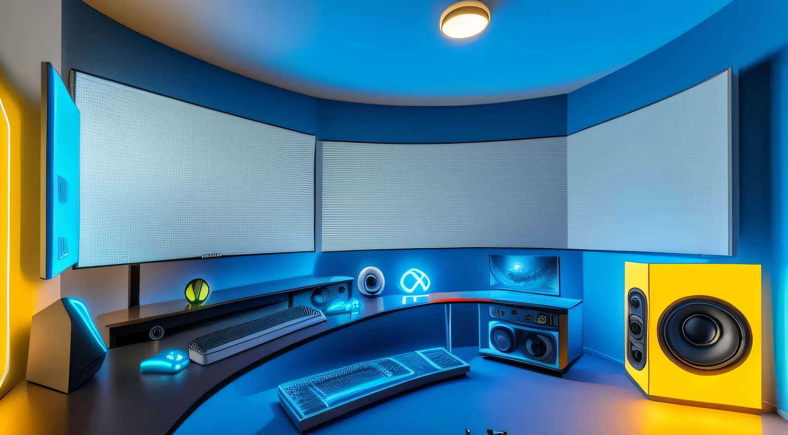 Game Room Concept, Computer Desktop Monitor Keyboard, RGB lighting, Gaming Chair, Blue-yellow light, pod, Science fiction, Elegant, Bedrooms, game pad, speaker, Sound system, God of Wars,