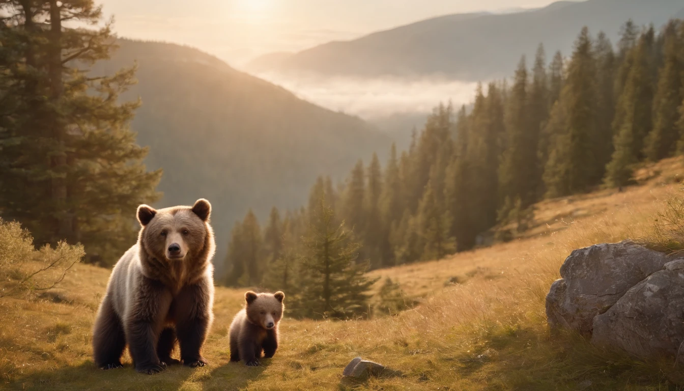 16k, massive details, ((complex details))) immense sky,field of a beautiful mountain pine forrest scene with a cute baby bear cubs with her mother, golden hour ,amazing sky,Level 15,rocky surface, (photorealistic), art (((Claude Lorrain))), J.R. Tolkien Type [sharp focus], (HDR), (8k), (gigapixel), (masterpiece)