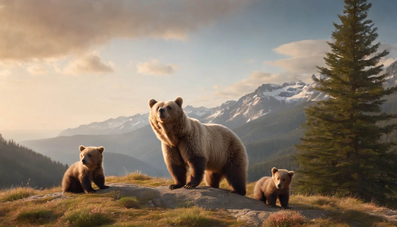 16k, massive details, ((complex details))) immense sky,field of a beautiful mountain pine forrest scene with a cute baby bear cubs with her mother, golden hour ,amazing sky,Level 15,rocky surface, (photorealistic), art (((Claude Lorrain))), J.R. Tolkien Type [sharp focus], (HDR), (8k), (gigapixel), (masterpiece)