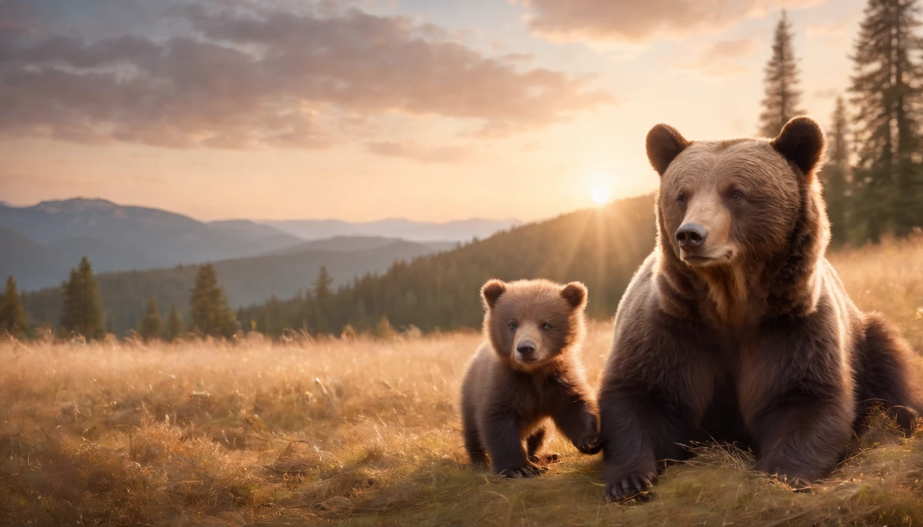 16k, massive details, ((complex details))) immense sky,field of a beautiful mountain pine forrest scene with a cute baby bear cubs with her mother, golden hour ,amazing sky,Level 15,rocky surface, (photorealistic), art (((Claude Lorrain))), J.R. Tolkien Type [sharp focus], (HDR), (8k), (gigapixel), (masterpiece)