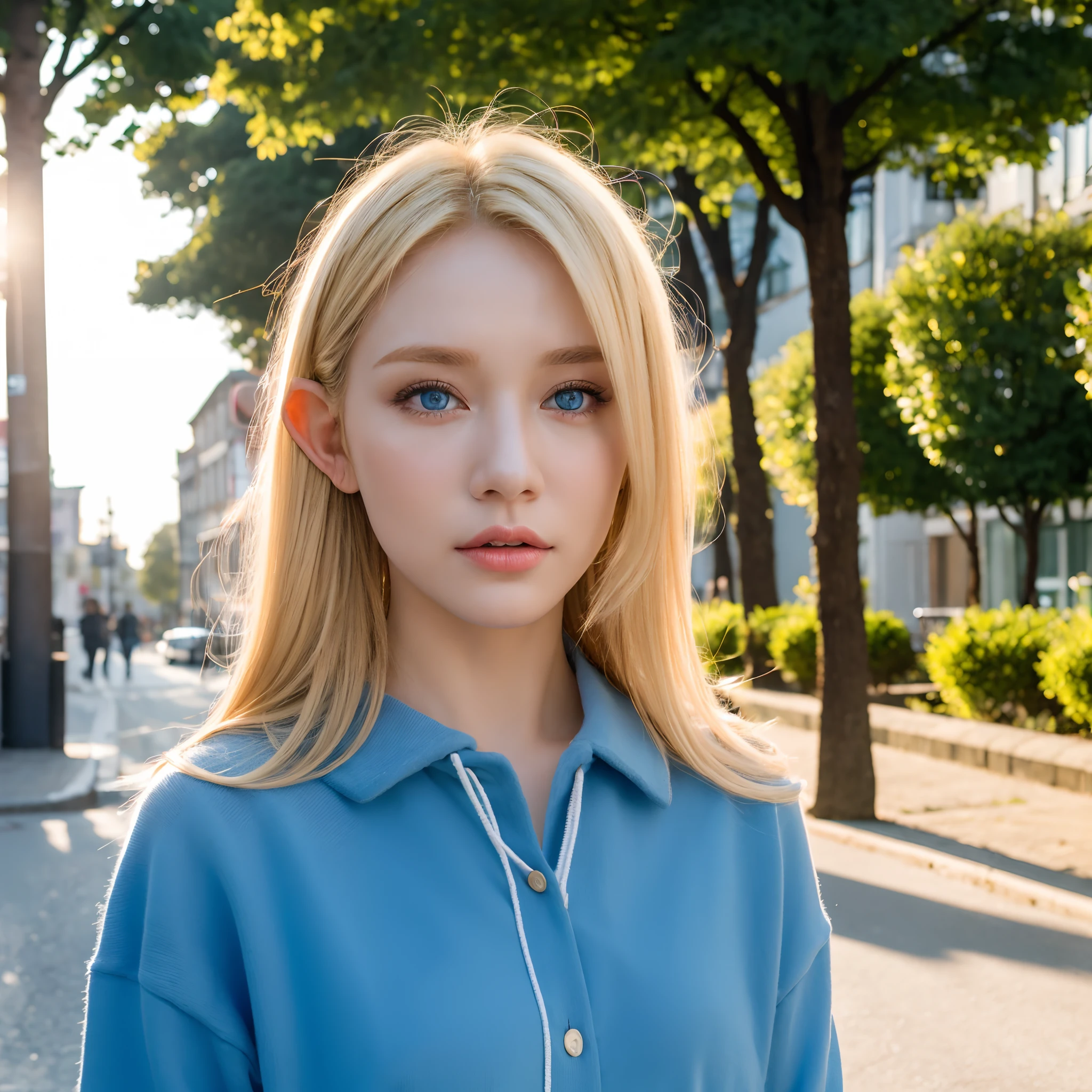 one beautiful elf girl NSFW, blonde hair, blue eyes, urban sexy clothes in germany streets, high res, beautiful light sunrise