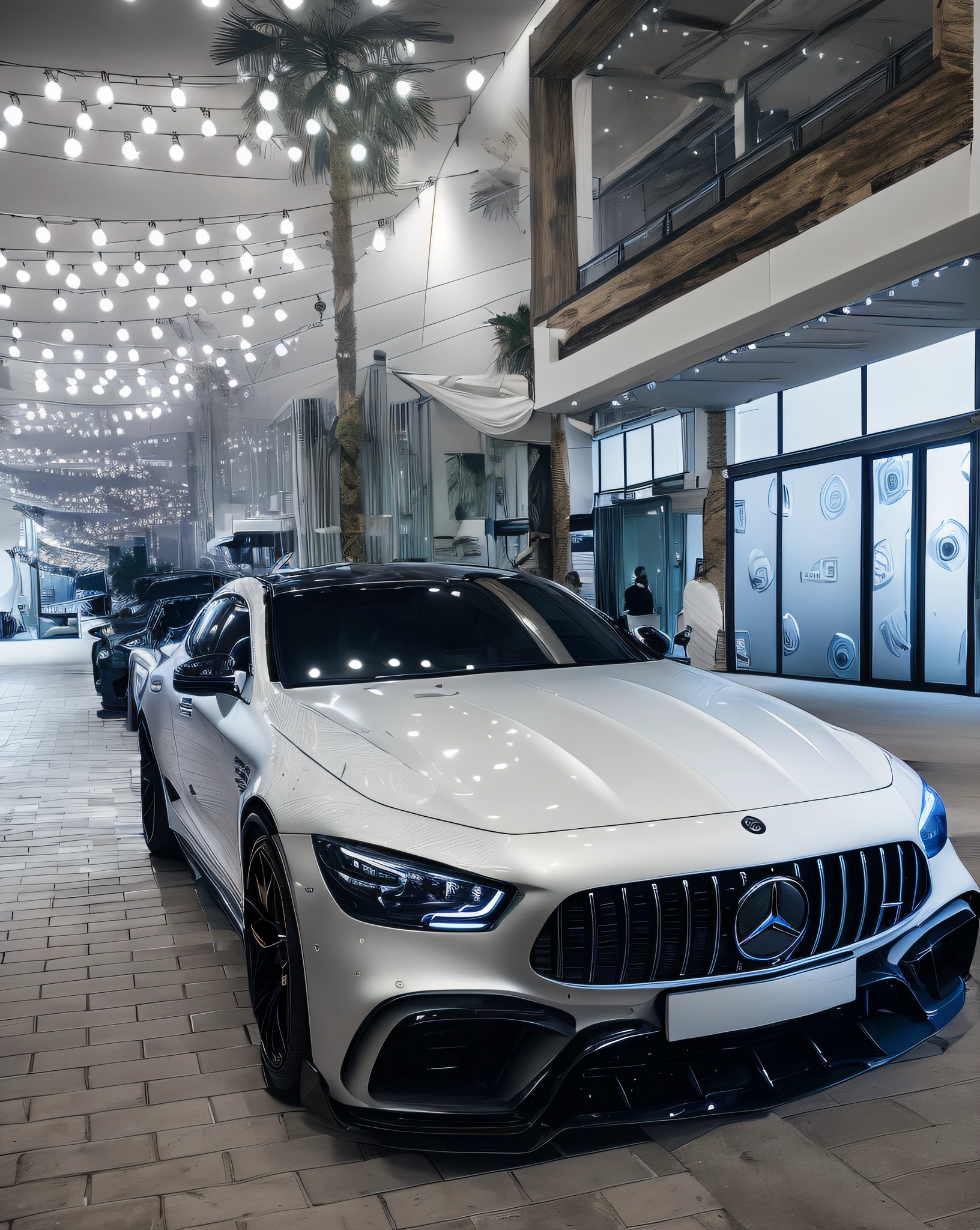 The new Mercedes-AMG white sports car is parked in front of the large window, sports car in the room, Mercedes Benz, mercedez benz, Exhibited, Mercedes concept car, Beautiful masterpiece, A detailed masterpiece, Masterpiece works of art, Show on the , 8K，4K edited, Hologram paint car, an award winning masterpiece