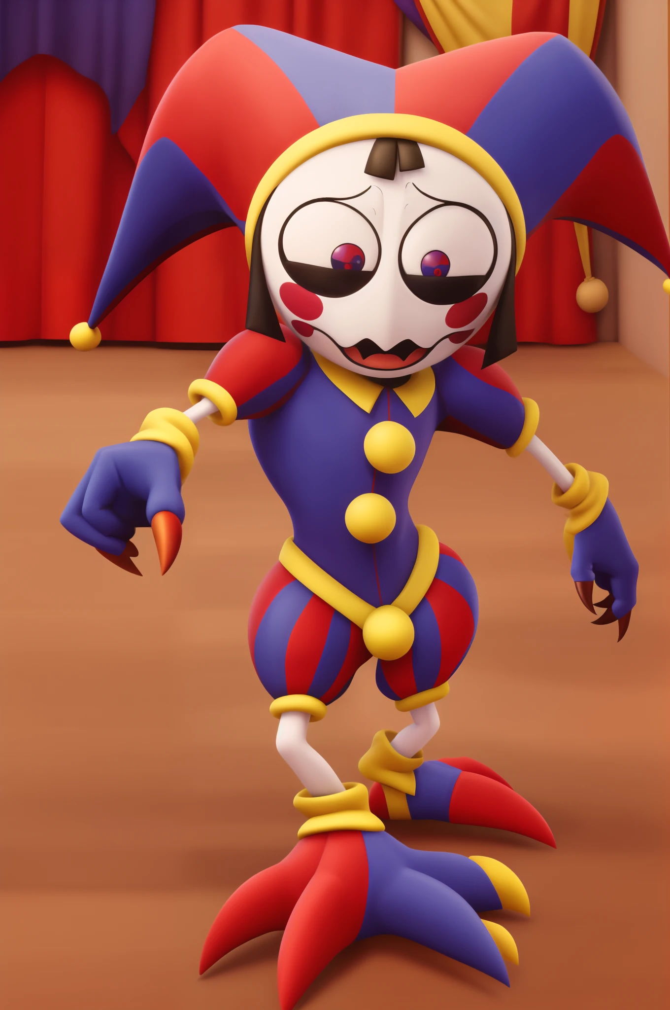 (best quality, masterpiece:1.2),pomni,1girl,scared,full body,,striking pose,expressive eyes,fearful expression,nervous posture,tense, ((Cute )), Clown , ((Jester)) , pale skin , Claws,((Imp)),((Pomni as a digimon \(species\))), Dynamic pose