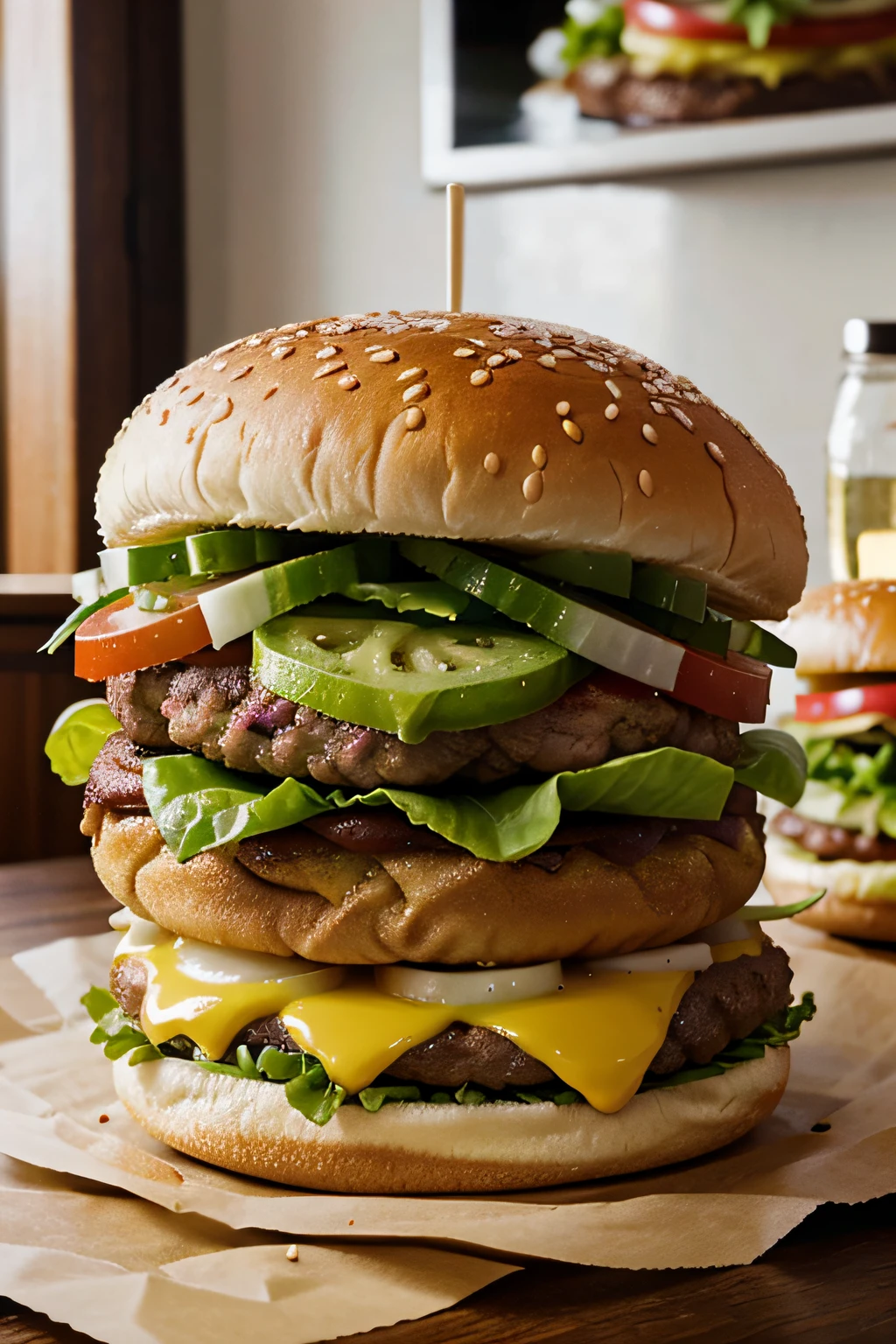 criar quatro imagem de um Hamburguer 8k, gigante com 8 carnes, hiperrealista