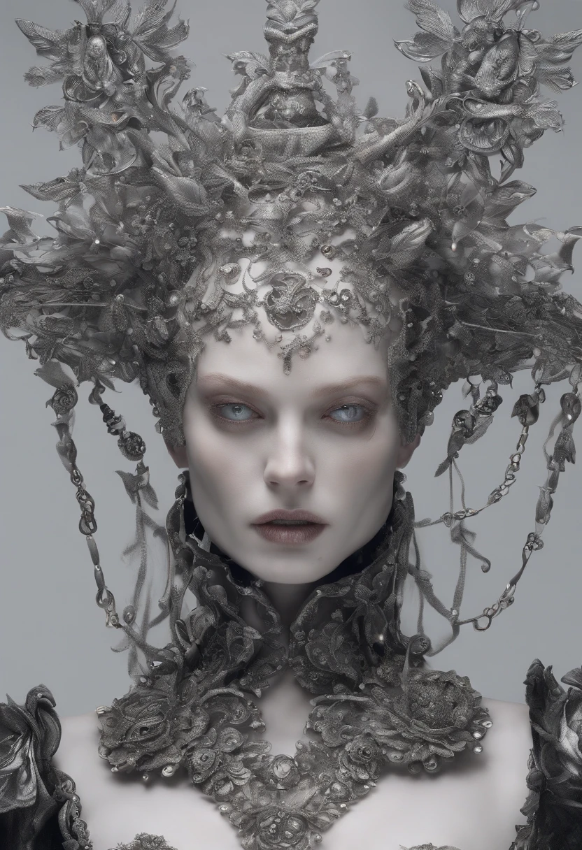 Incredibly detailed photography of a beautiful vampire alien, renaissance, Cheveux longs et blancs, yeux blancs complexes, Fantastique, ethereal, hyperdetailed, 32k resolution, dinamic lighting, nombril couvert, hyper detailed, intricate high detail, Tendances sur ArtStation, Costume de luxe blanc, volumeric lighting, BalenciagaStyle