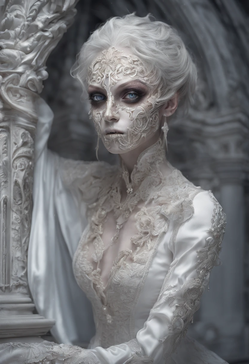 Incredibly detailed photography of a beautiful vampire alien, renaissance, Cheveux longs et blancs, yeux blancs complexes, Fantastique, ethereal, hyperdetailed, 32k resolution, dinamic lighting, nombril couvert, hyper detailed, intricate high detail, Tendances sur ArtStation, Costume de luxe blanc, volumeric lighting, BalenciagaStyle