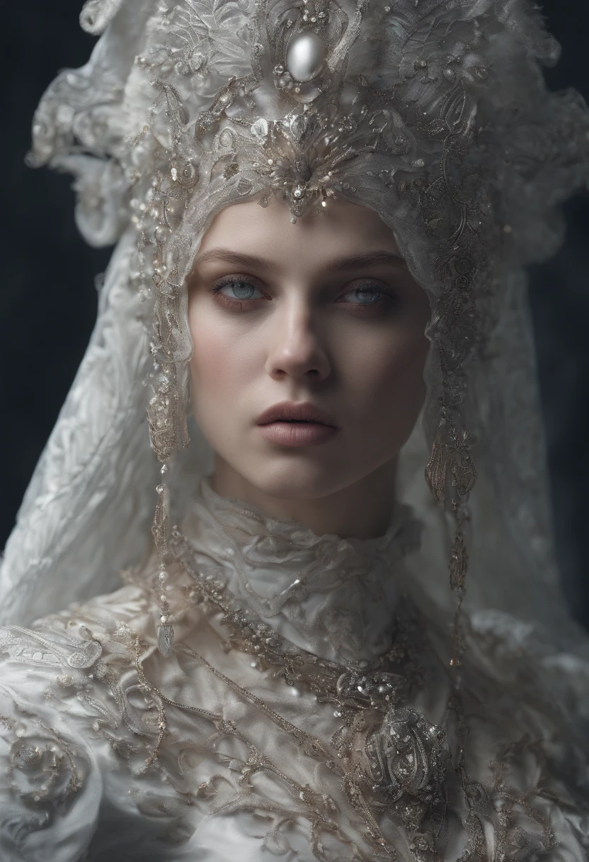 Incredibly detailed photography of a beautiful vampire alien, renaissance, Cheveux longs et blancs, yeux blancs complexes, Fantastique, ethereal, hyperdetailed, 32k resolution, dinamic lighting, nombril couvert, hyper detailed, intricate high detail, Tendances sur ArtStation, Costume de luxe blanc, volumeric lighting, BalenciagaStyle
