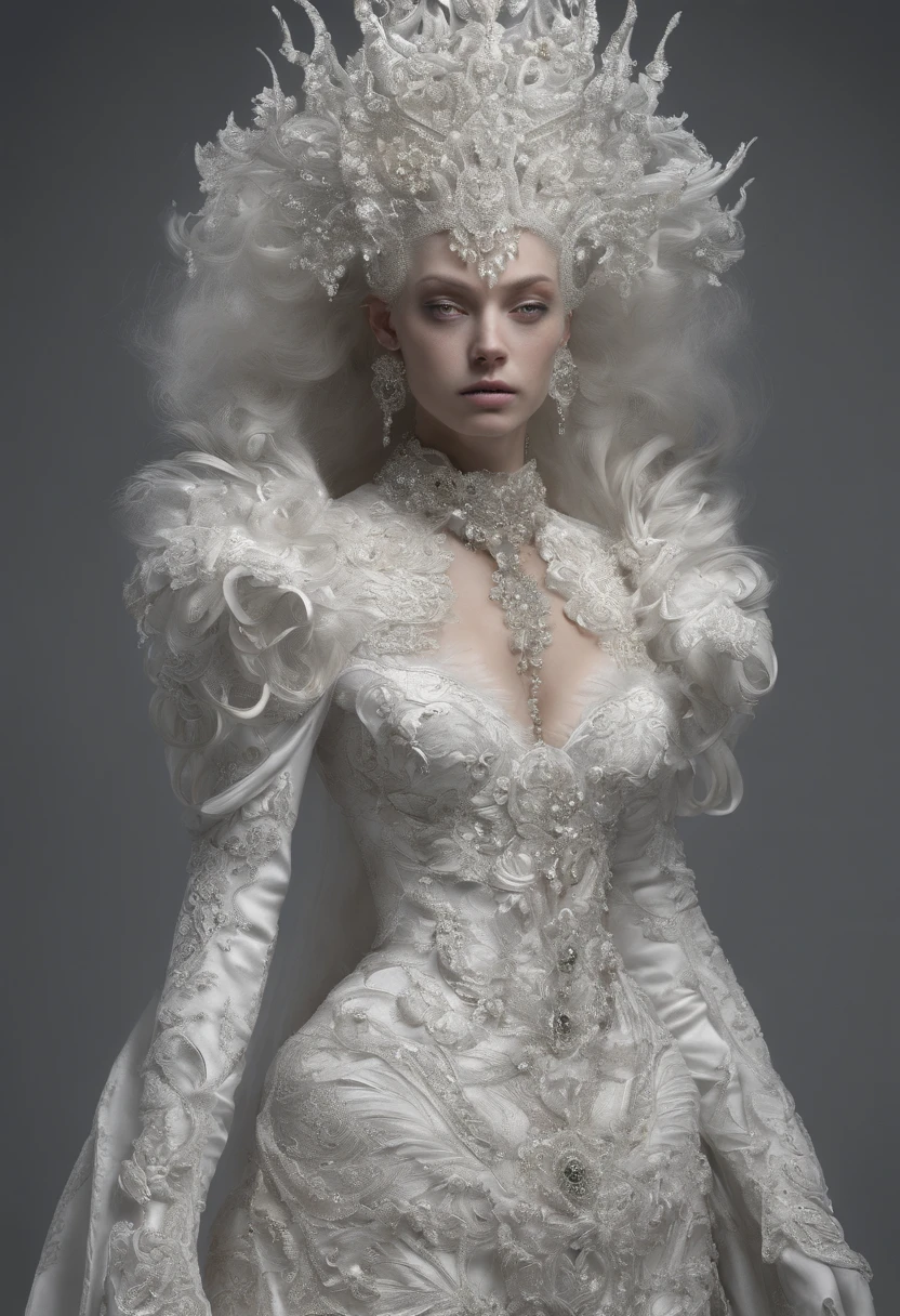 Incredibly detailed photography of a beautiful vampire alien, renaissance, Cheveux longs et blancs, yeux blancs complexes, Fantastique, ethereal, hyperdetailed, 32k resolution, dinamic lighting, nombril couvert, hyper detailed, intricate high detail, Tendances sur ArtStation, Costume de luxe blanc, volumeric lighting, BalenciagaStyle