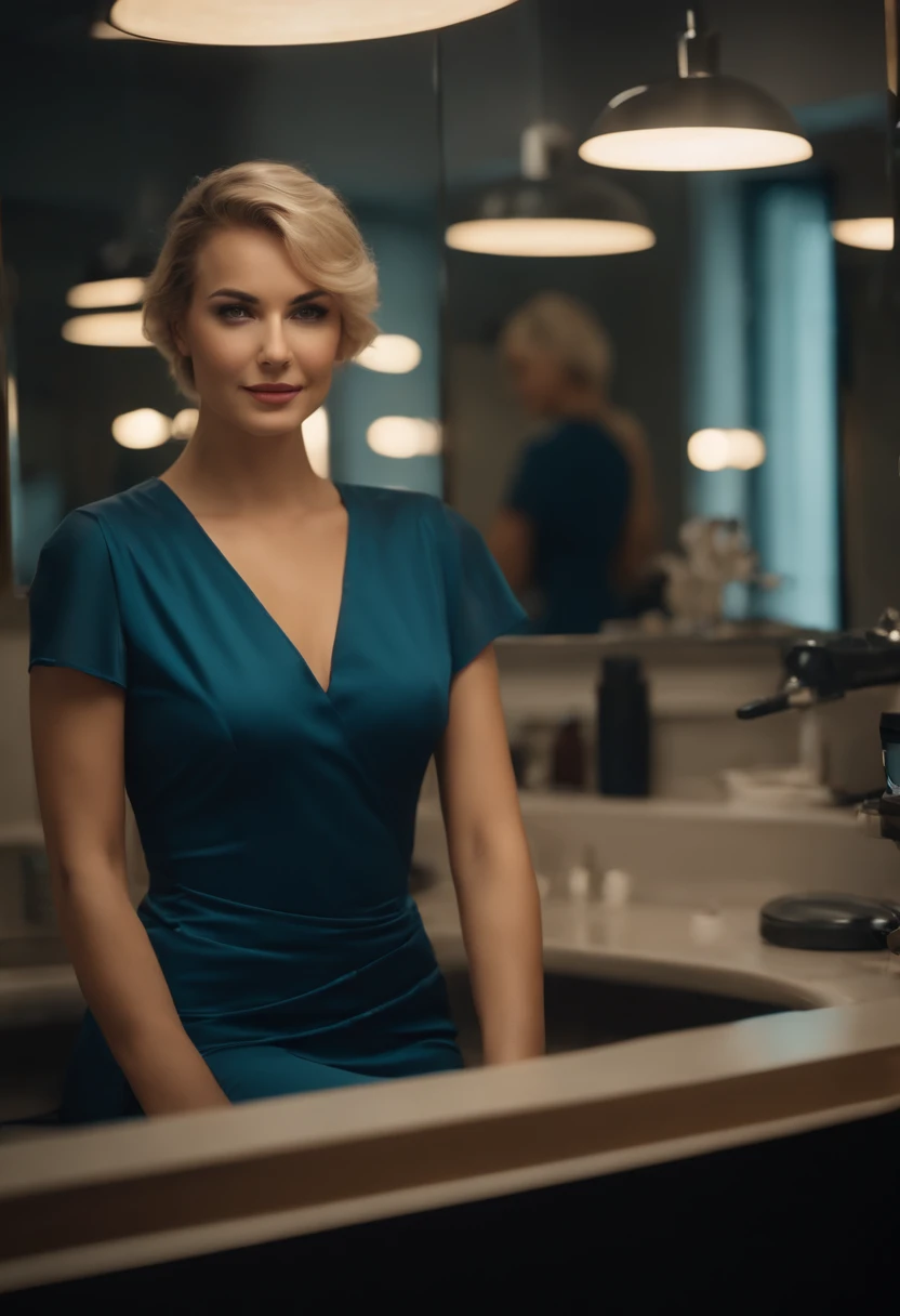 a beautiful woman in the cosmetologist's office, professional, (4k photo:1.1), high detail, wearing azure dress, beautiful detailed face, hazel eyes, short blonde hair, body shape, massage table, windows