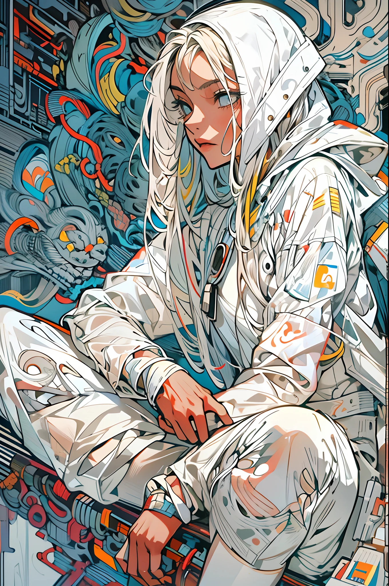1monk warrior girl with white techwear clothes, white long hair, laces, abstract vintage scifi background, art by Moebius, art by Ashley Wood