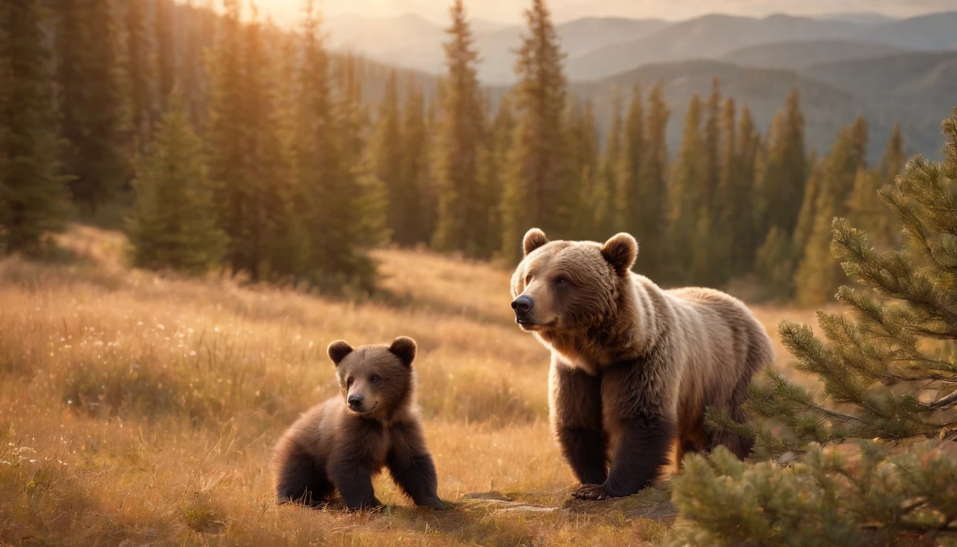 16k, massive details, ((complex details))) immense sky,field of a beautiful mountain pine forrest scene with a cute baby Grizzle bear cubs with her mother, golden hour ,amazing sky,Level 15,rocky surface, (photorealistic), art (((Claude Lorrain))), J.R. Tolkien Type [sharp focus], (HDR), (8k), (gigapixel), (masterpiece)