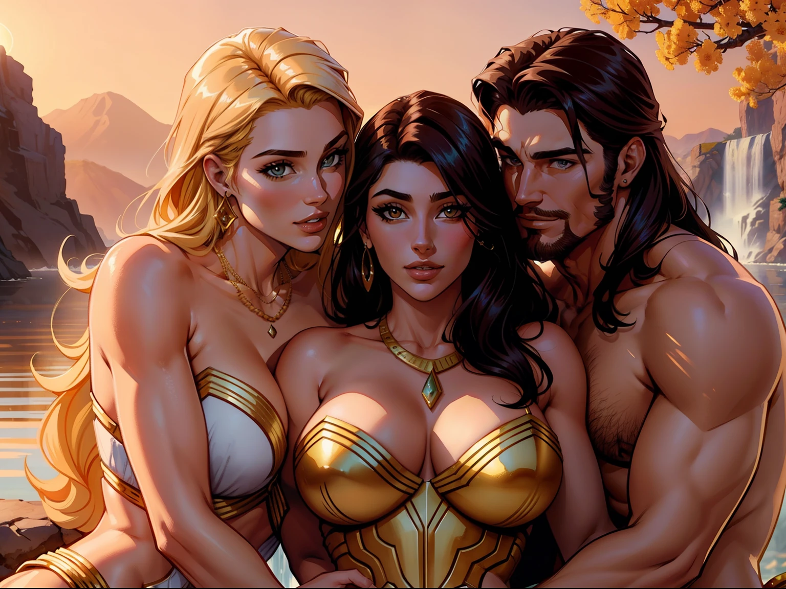 One Handsome short-haired barbarian Chad hugging three beautiful bitches tackling him and touching him, dressed like Greek gods, perfect bodies, women: long flowing hair, flowers in hair, seductive, materials, golden hour, , jewelry, golden hour, photorealistic, masterpiece, in love, grins, perfect faces, Flirtatious, setting: a waterfall, harem, watercolor