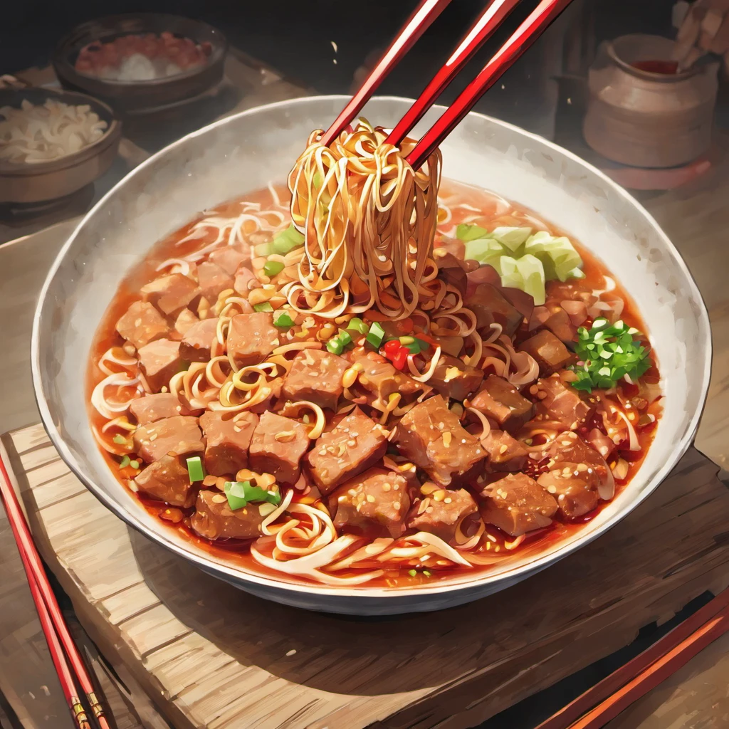 Delicious and tempting rice noodles,Fresh chili red oil is abundant,The aroma is overflowing,The beef is delicious and delicious,The green onion has a strong flavor,The sauerkraut is crispy and delicious,Peanut rice has a delicate taste,Tofu has a good aftertaste,The noodles picked up by chopsticks are fragrant,Vector illustration of a bowl of delicious Chinese rice noodles,Round rice noodles with blank background No clutter next to it There is beef inside,Lots of peppers,Super red oil, peanut rice, chopped green onion, sauerkraut, chopsticks to pick up rice noodles in a colorful animation stills style, sci fi anime, Dark red and dark amber, Qian Xuan, organic sculpting, accurate and detailed, Anime core ,32k ULTRAHD, Best quality, Masterpiece, Super detail, High thin