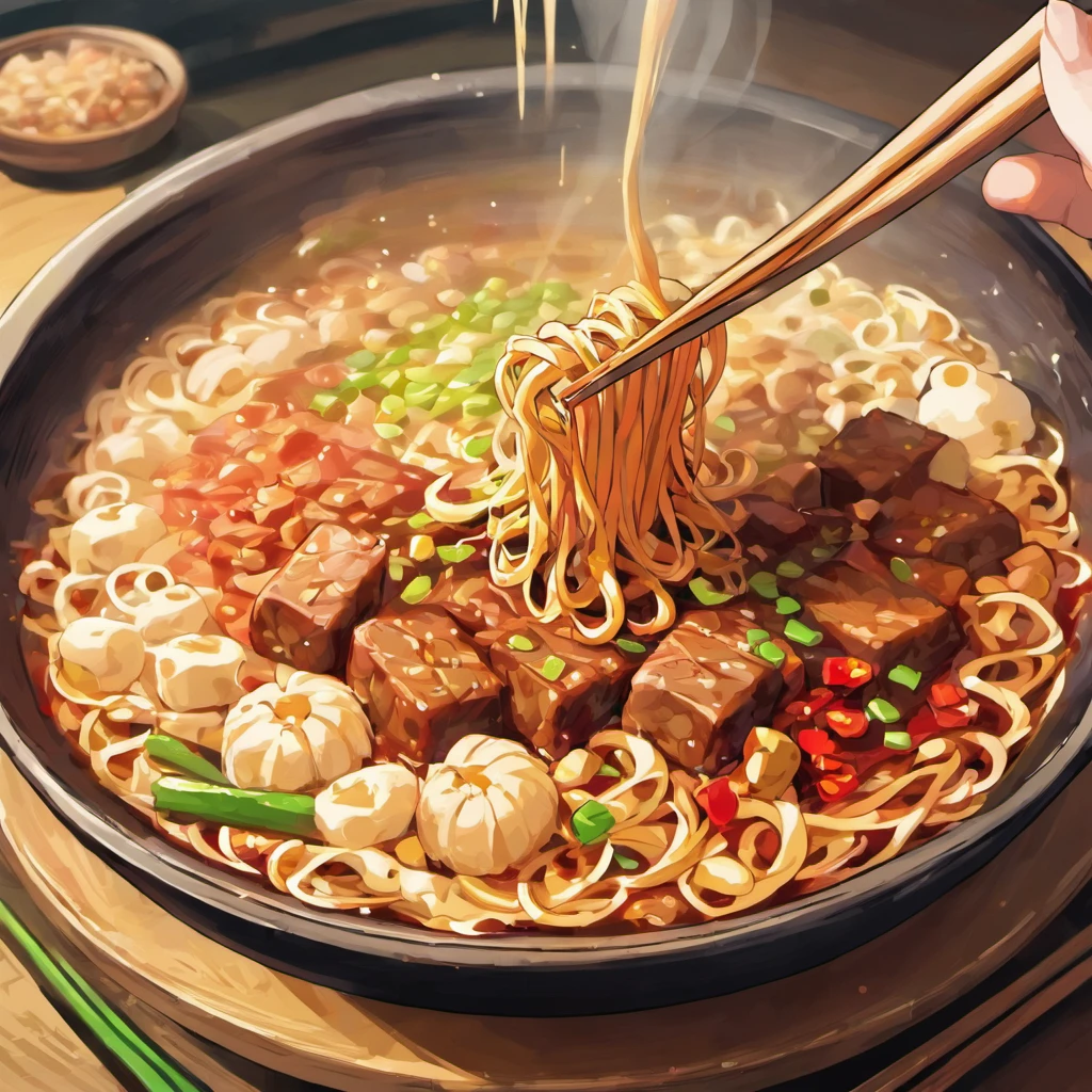 Delicious and tempting rice noodles,Fresh chili red oil is abundant,The aroma is overflowing,The beef is delicious and delicious,The green onion has a strong flavor,The sauerkraut is crispy and delicious,Peanut rice has a delicate taste,Tofu has a good aftertaste,The noodles picked up by chopsticks are fragrant,Vector illustration of a bowl of delicious Chinese rice noodles,Round rice noodles with blank background No clutter next to it There is beef inside,Lots of peppers,Super red oil, peanut rice, chopped green onion, sauerkraut, chopsticks to pick up rice noodles in a colorful animation stills style, sci fi anime, Dark red and dark amber, Qian Xuan, organic sculpting, accurate and detailed, Anime core ,32k ULTRAHD, Best quality, Masterpiece, Super detail, High thin