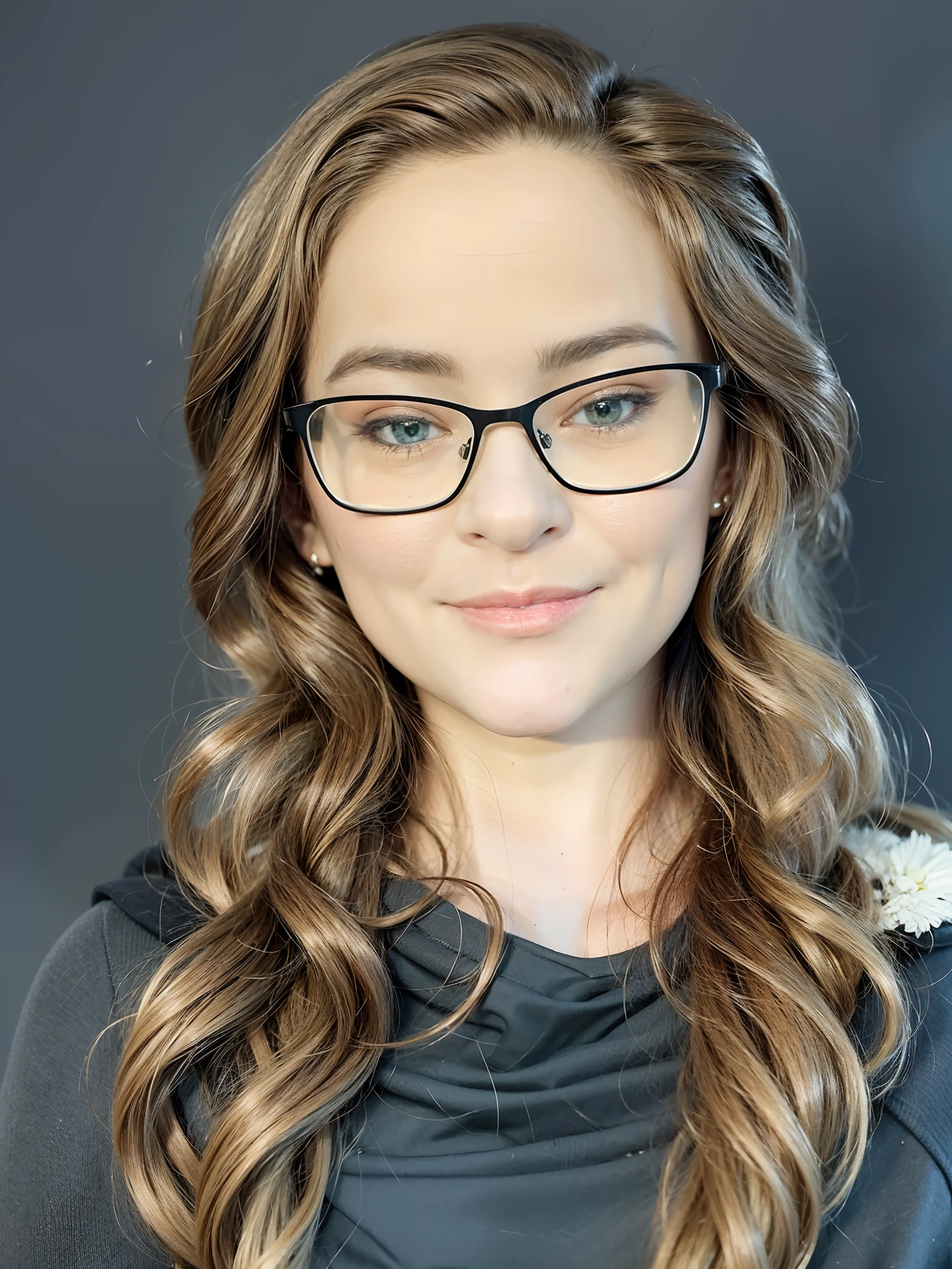 (skin blemish:1.2), (skindentation), freckles, moles, wrinkles, or blemishes, pores, skin texture, and fine lines, there is a woman with glasses and a black top posing for a picture, detailed professional photo, professional profile picture, headshot photo, headshot profile picture, high quality portrait, professional picture, front portrait, taken in the early 2020s, sydney hanson, nft portrait, slight nerdy smile, amazing professional picture, detailed portrait, jenna barton, with glasses on, realistic, best quality, photorealistic, masterpiece, 8k, high res, solo, extremely detailed face, (professional lighting, bokeh), (light particles, lens flare, glowing particles:0.6), (dynamic pose:1.2), soft lighting, top angle view, fashionable and trendy atmosphere