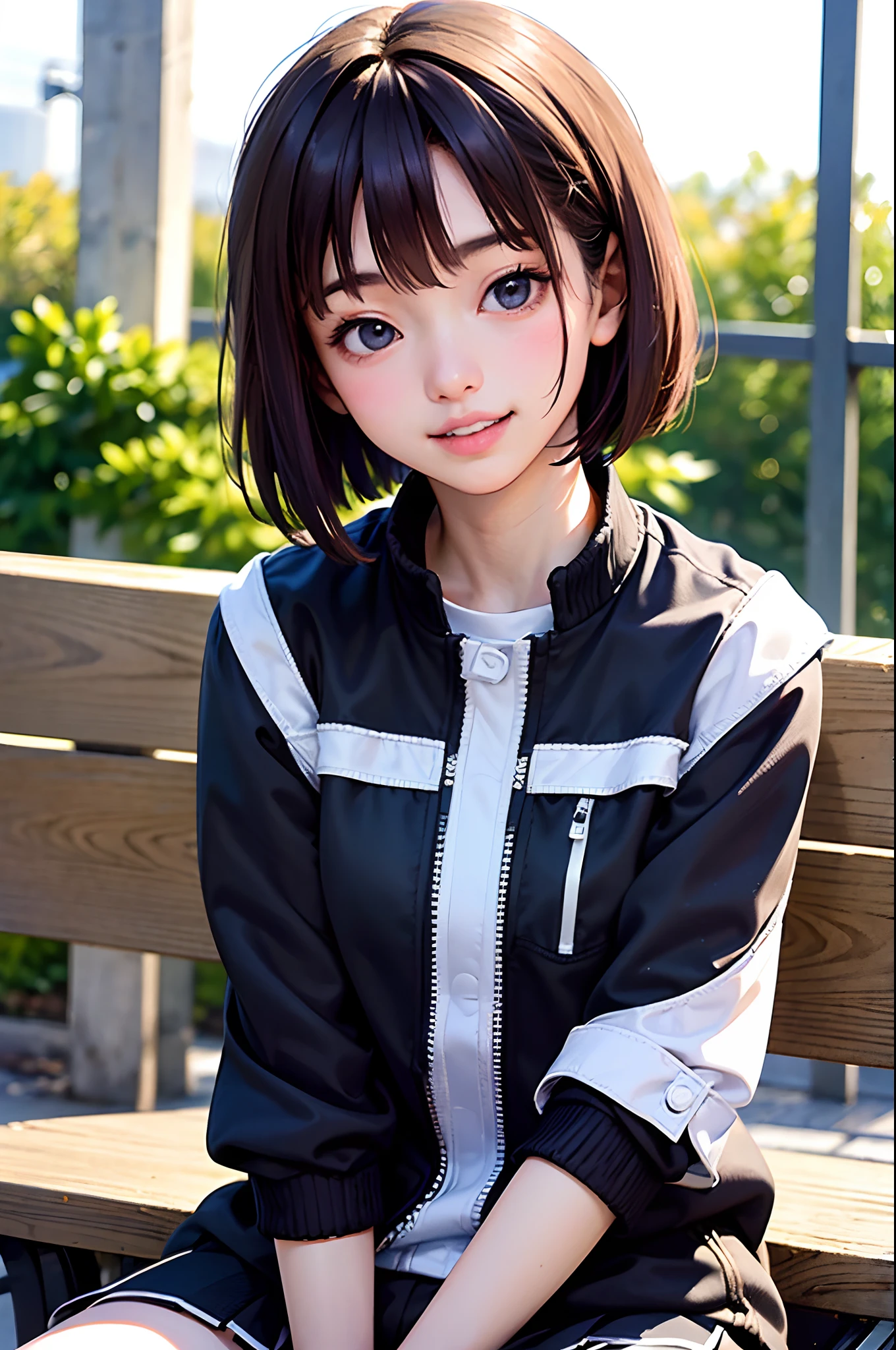 masterpiece, best quality, 1girl, solo, K-NANAMI, ((20yo, japanese face, japanese Actress)), short hair, black hair, black eyes, blue jacket, black gym-wear, (No expression), sitting, outdoors, sitting on a bench, ((upper body, face focus, face close-up)), smile, teeth,