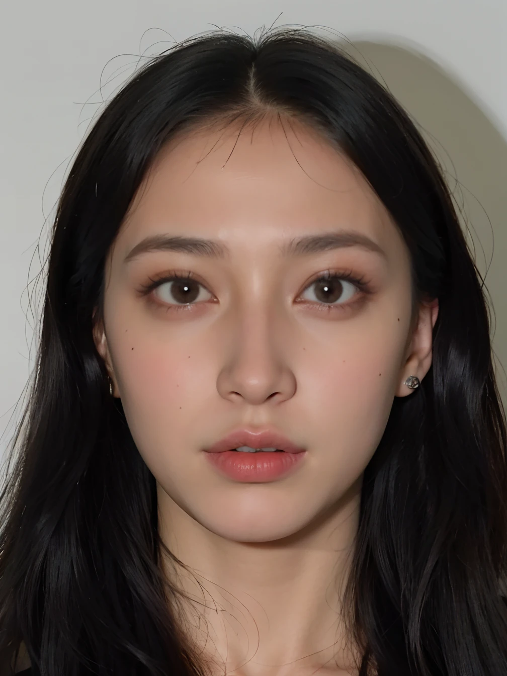 Un primer plano de una mujer con cabello largo y negro y un collar, 3 0 years old woman, 30-year-old woman, Imagen de la cara, Retrato frontal, Ayamin Kojima, Aykut Aydogdu, imagen frontal, foto de la cara, Sara Ali, taken in the early 2020s, Rostro femenino, Rostro femenino joven, with symmetrical facial features