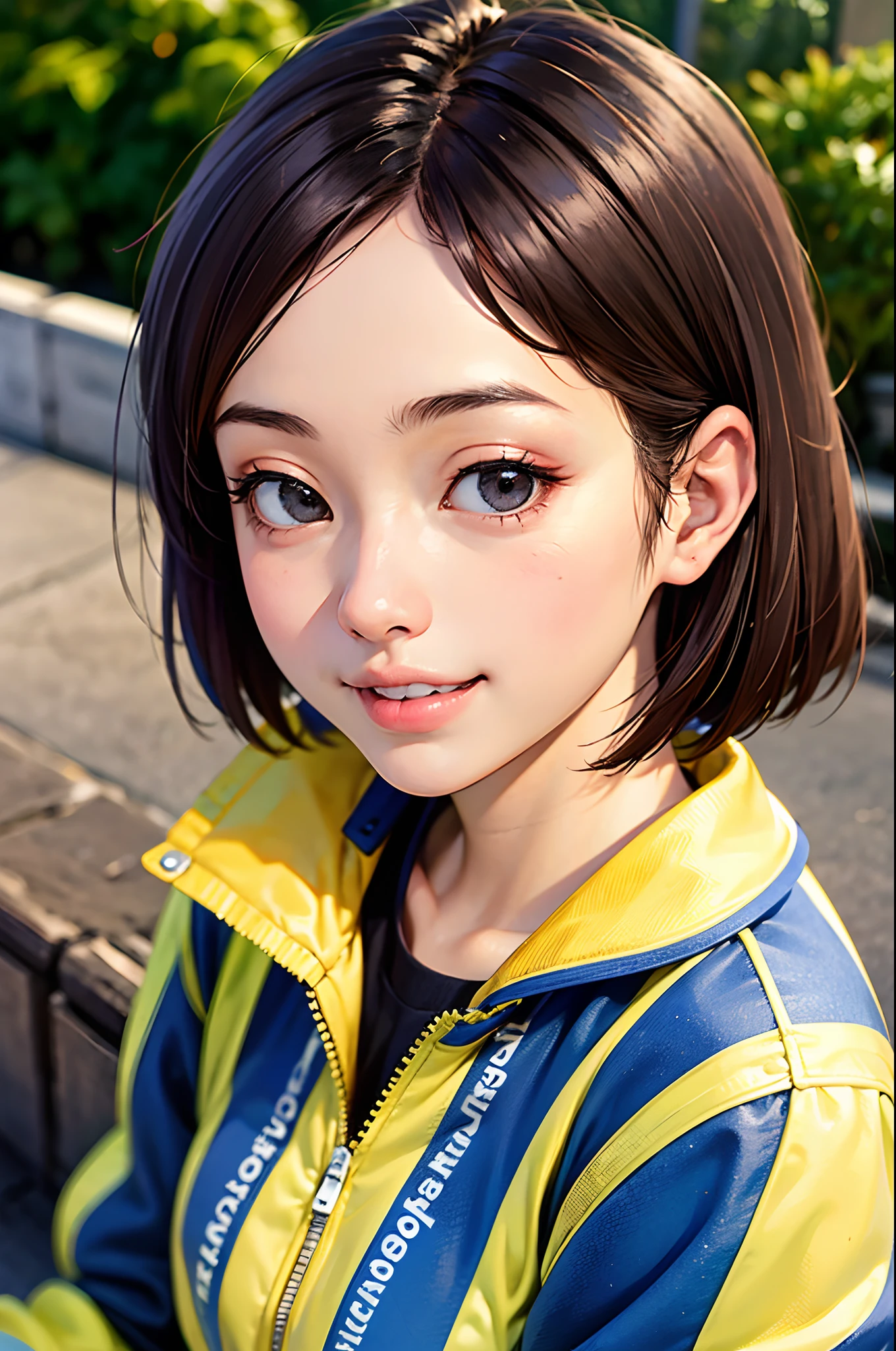 masterpiece, best quality, 1girl, solo, K-NANAMI, ((20yo, japanese face, japanese Actress)), short hair, black hair, black eyes, blue jacket, black gym-wear, (No expression), sitting, outdoors, sitting on a bench, ((upper body, face focus, face close-up)), smile, teeth,