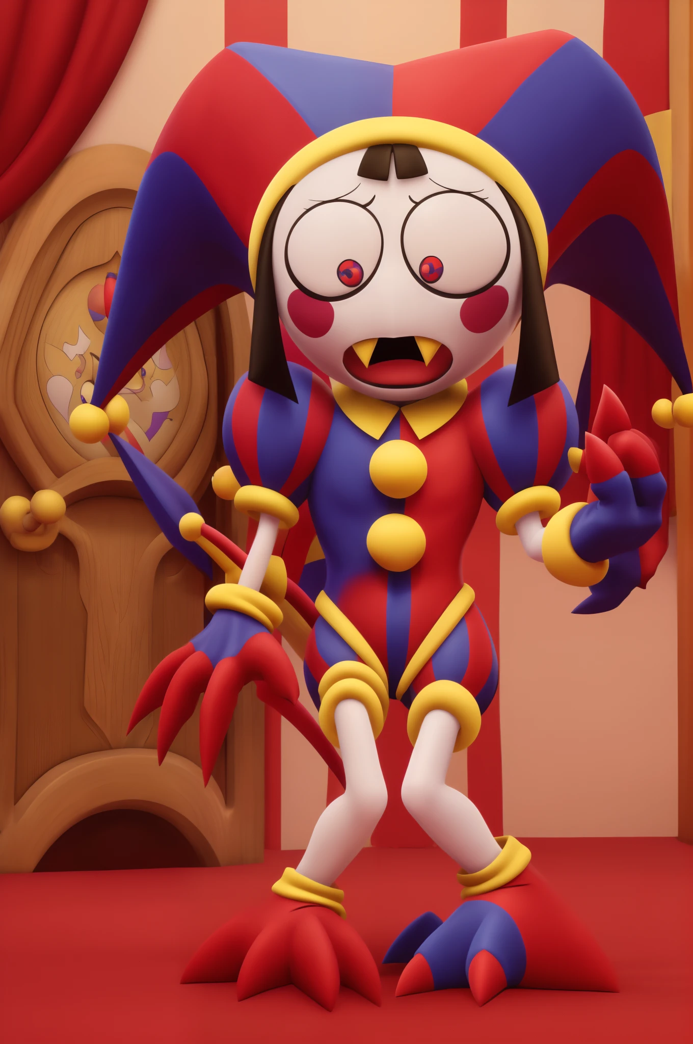 (best quality, masterpiece:1.2),pomni,1girl,scared,full body,,striking pose,expressive eyes,fearful expression,nervous posture,tense, Cute , Clown , ((Jester)) , pale skin ,Fangs, Claws,((Imp)),((Pomni as a digimon \(species\))), Dynamic pose