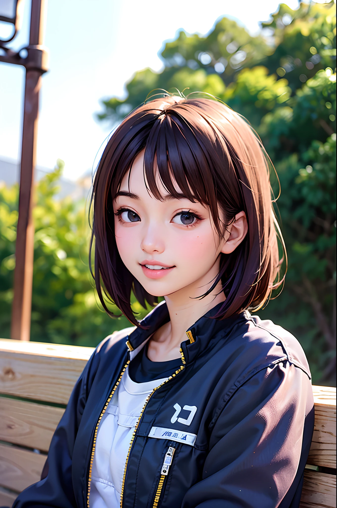 masterpiece, best quality, 1girl, solo, K-NANAMI, ((20yo, japanese face, japanese Actress)), short hair, black hair, black eyes, blue jacket, black gym-wear, (No expression), sitting, outdoors, sitting on a bench, ((upper body, face focus, face close-up)), smile, teeth,