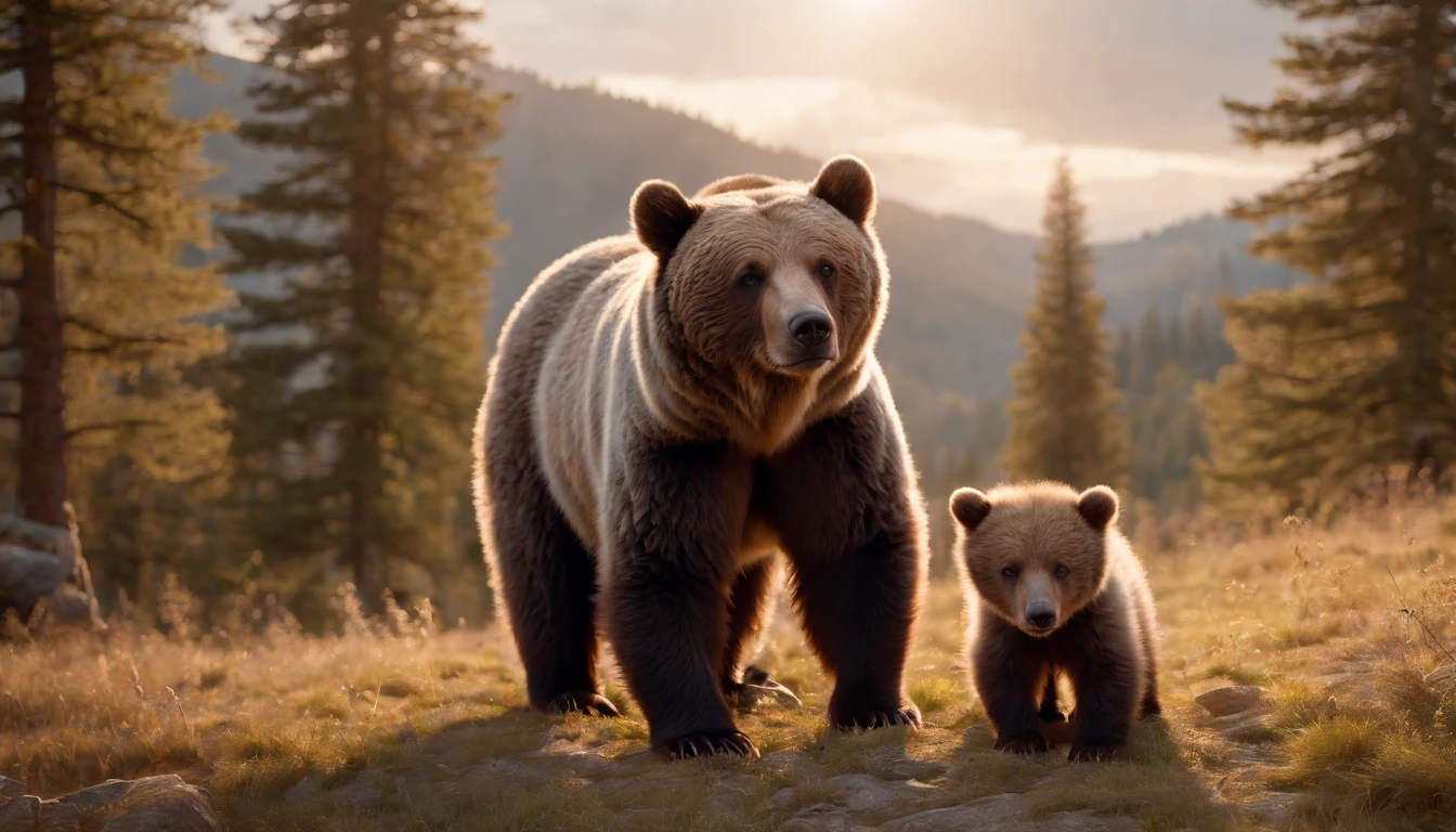 16k, massive details, ((complex details))) immense sky,field of a beautiful mountain pine forrest scene with a cute baby Grizzle bear cubs with her mother, golden hour ,amazing sky,Level 15,rocky surface, (photorealistic), art (((Claude Lorrain))), J.R. Tolkien Type [sharp focus], (HDR), (8k), (gigapixel), (masterpiece), shaders, ray-tracing