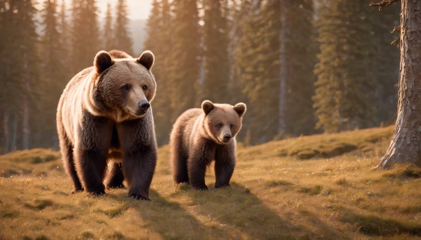16k, massive details, ((complex details))) immense sky,field of a beautiful mountain pine forrest scene with a cute  Grizzle bear cubs with her mother, golden hour ,amazing sky,Level 15,rocky surface, (photorealistic), art (((Claude Lorrain))), J.R. Tolkien Type [sharp focus], (HDR), (8k), (gigapixel), (masterpiece), shaders, ray-tracing