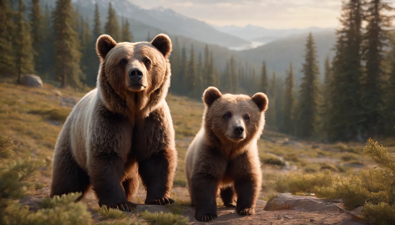 16k, massive details, ((complex details))) immense sky,field of a beautiful mountain pine forrest scene with a cute  Grizzle bear cubs with her mother, golden hour ,amazing sky,Level 15,rocky surface, (photorealistic), art (((Claude Lorrain))), J.R. Tolkien Type [sharp focus], (HDR), (8k), (gigapixel), (masterpiece), shaders, ray-tracing