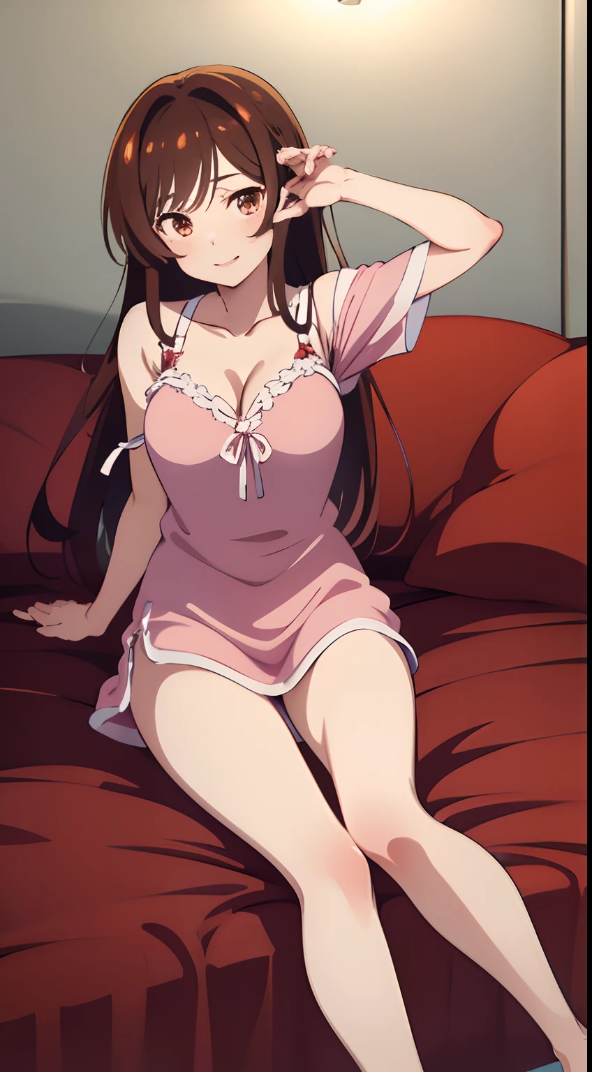 Draw the anime character Chizuru from Rent-a-Girlfriend. Chizuru has waist-length chestnut-brown hair with bangs and light brown eyes. Her hair is mostly let down except for a small braid on the right side of her head. She has fair skin and a slim, well-endowed figure with large breasts. Chizuru is sitting on a bed. Chizuru is wearing nightwear, and bare foot.
Waiting to start