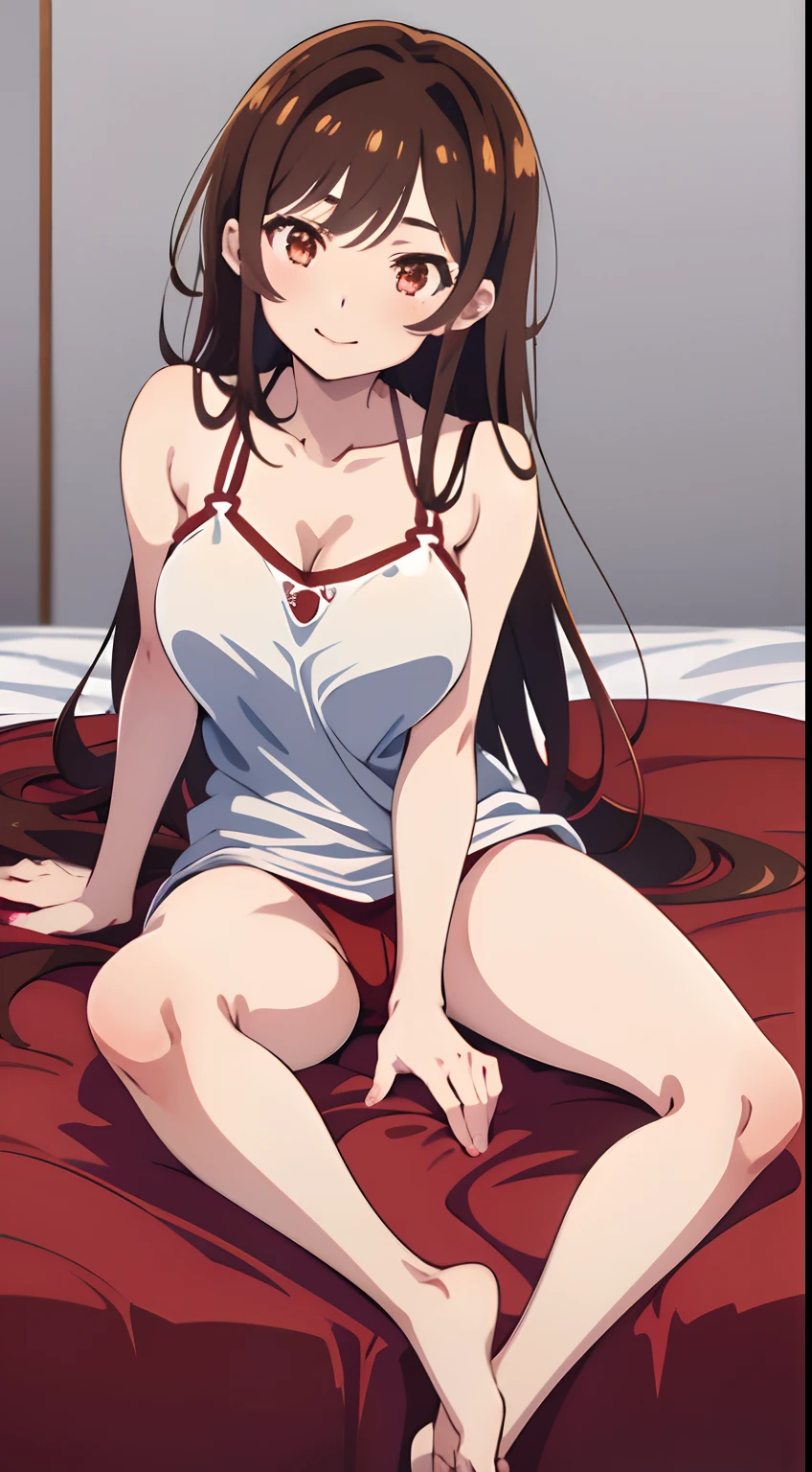 Draw the anime character Chizuru from Rent-a-Girlfriend. Chizuru has waist-length chestnut-brown hair with bangs and light brown eyes. Her hair is mostly let down except for a small braid on the right side of her head. She has fair skin and a slim, well-endowed figure with large breasts. Chizuru is sitting on a bed. Chizuru is wearing nightwear, and bare foot. Chizuru is looking at the viewer with a smile on her face and blushing.