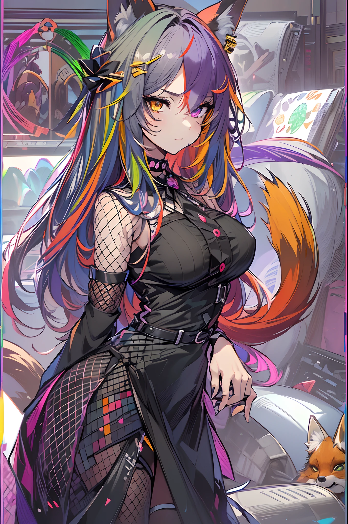 masterpiece, best quality,super fine illustration, perfect anatomy, correct anatomy, perfect proportion, perfect face, perfect hands, perfect legs, perfect fingers, perfect hands, professional lighting, best quality, ultra detailed, extremely delicate and beautiful, 4k, 8k,,1girl, fox girl, (((multicolored hair:1.2)(black 1.1)(red 1.1), fox ears, long hair, fox tail, black dress, fishnet stockings, cute expression, highres, best quality, masterpiece,clearly drawn face, beautiful eyes, beautifully detailed eyes, highly detailed eyes, ribbon, choker, looking at viewer, skull hair clip, green eyes, head shot