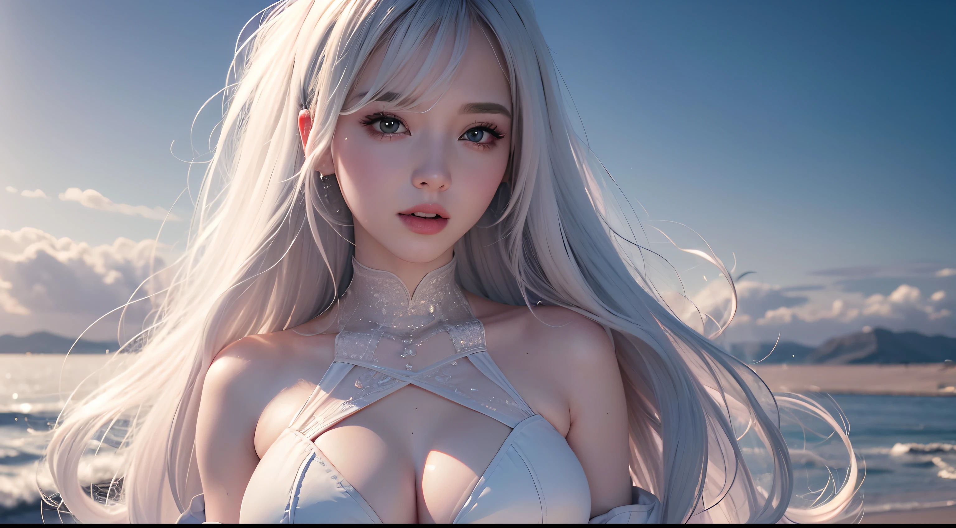 8K high-definition,realistic visual effects,attractive beautiful,clouds,White clouds fill the sky,Gentle lighting,Delicate warmth,the soft light,hyper HD, Extremely colorful,best qualityer,perfect female shape,Upper body photo,Bust photo,HighDynamicRange,long eyelasher,Unbeatable masterpiece,Snow-whiteskin,putting makeup on, Sexy goddess,Strange sky,A pair of big eyes are beautiful and moving,White skin,Makeup,Sexy outfit,,Sexy goddess,Sexy outfit,Wear white lace,With silver,Snowy