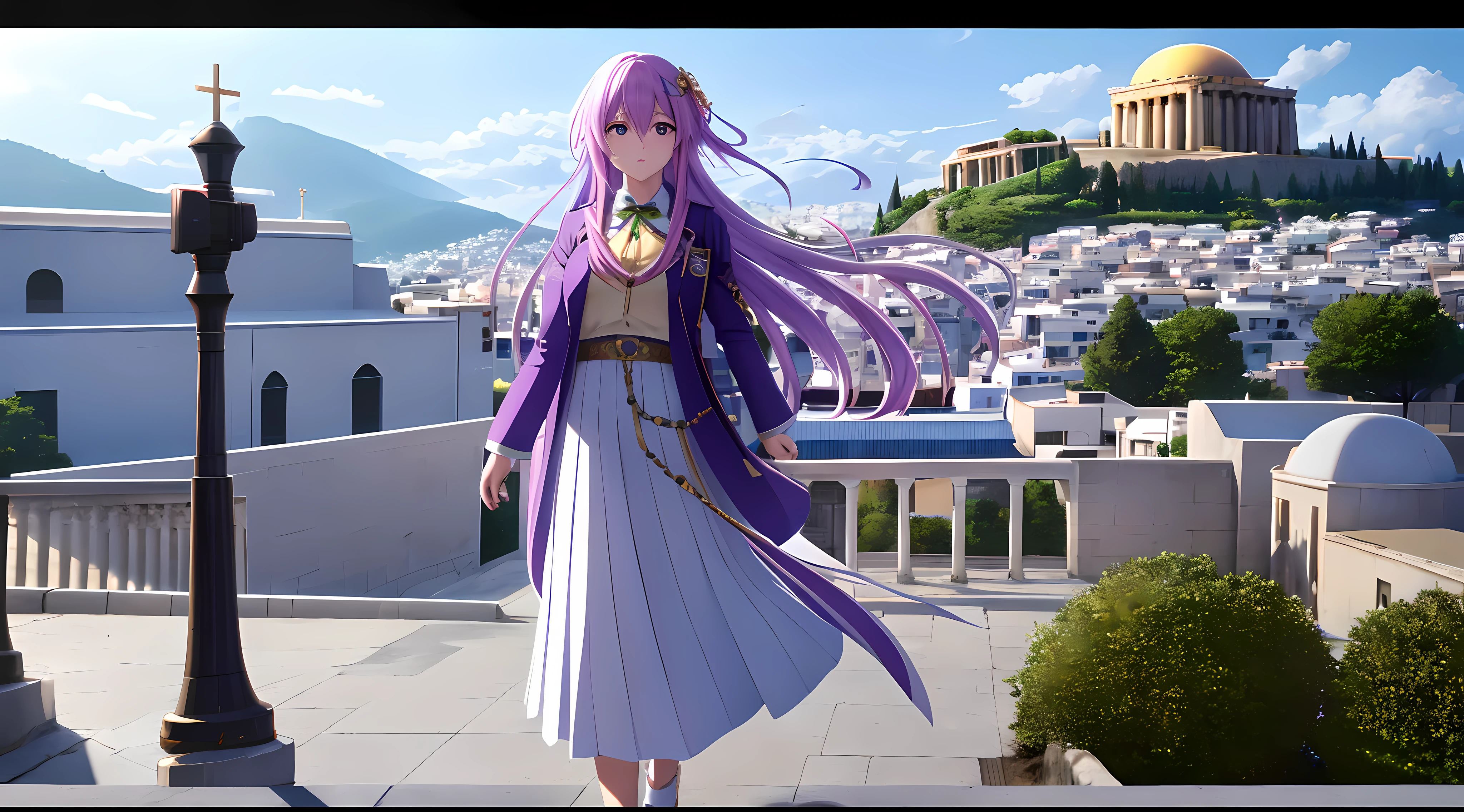 Athena with plain long light purple hair,hair between eyes,green eyes,rosy cheeks,full lips,thin eyebrows,slender body,wearing school coat and full long skirt,praying beads on neck,cute anime girl,full body,greek Acropolis street in background,anime style,Lumen Reflections,Screen Space Reflections,Diffraction Grading,Chromatic Aberration,GB Displacement,Scan Lines,Ray Traced,Anti-Aliasing,FXAA,TXAA,RTX,SSAO,Shaders,OpenGL-Shaders, GLSL-Shaders,Post Processing,Post-Production,cell Shading,Tone Mapping,CGI,VFX,SFX,insanely detailed and intricate, 4K,standing, solo, masterpiece, best quality, detailed face, detailed eyes, highres, standing, solo,masterpiece, best quality