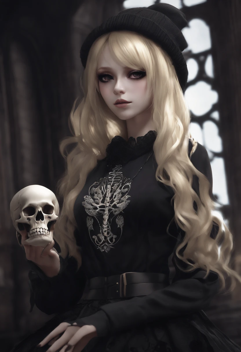 anime girl with blonde hair and a skull beanie long black skirt half her jaw is skeleton like , wearing a skull on her black sweater, dark!!!, insanity girl , very very creepy, full body;, holding a pudica pose all black brown eyes goth