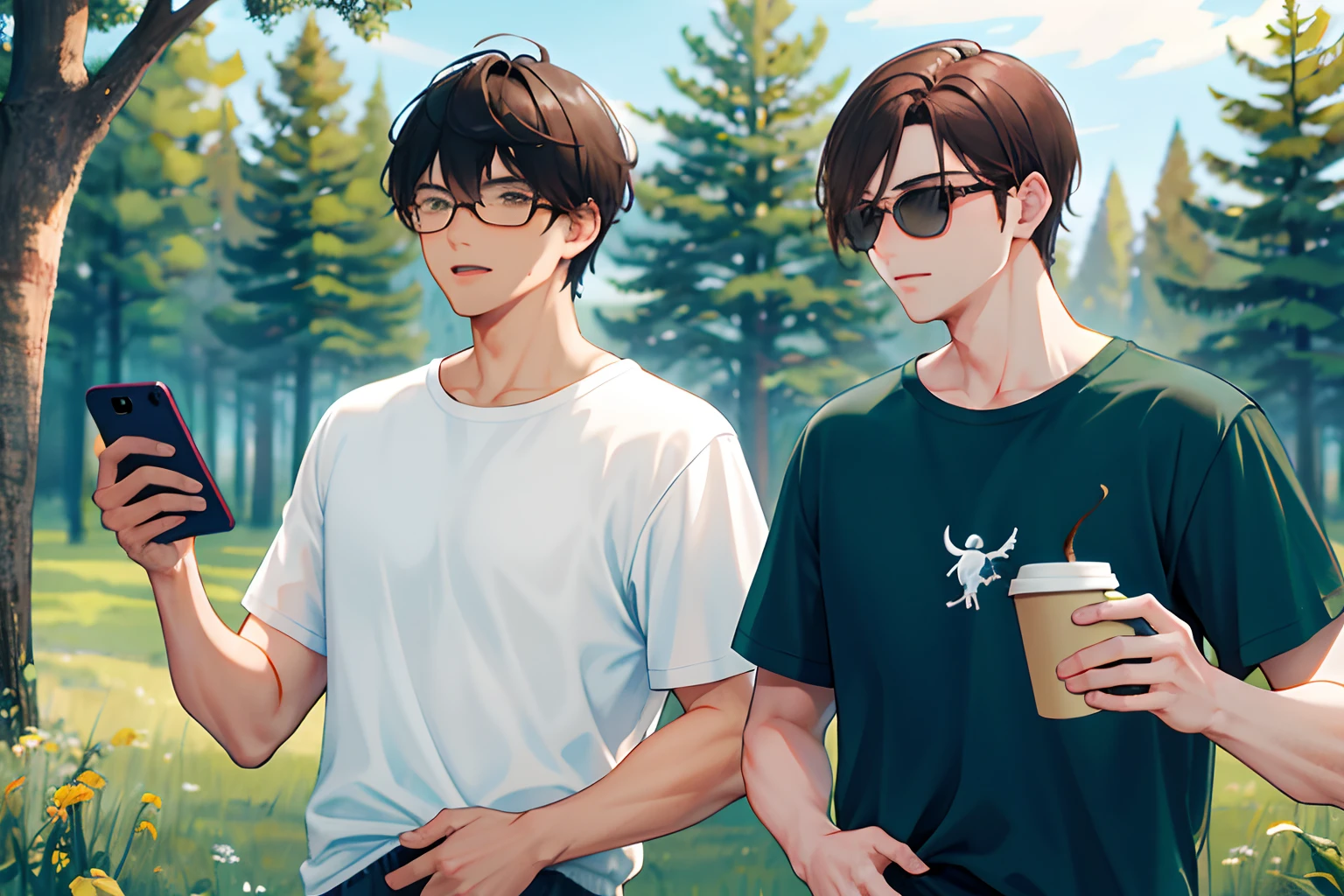 2guys,2 Adult males,cool guy,brunette color hair,Man in a T-shirt,snak,1 person holding a mobile phone,1 person holding coffee,Do not wear glasses,grassy fields,ln the forest,Spaced a little farther apart,looking at viewert