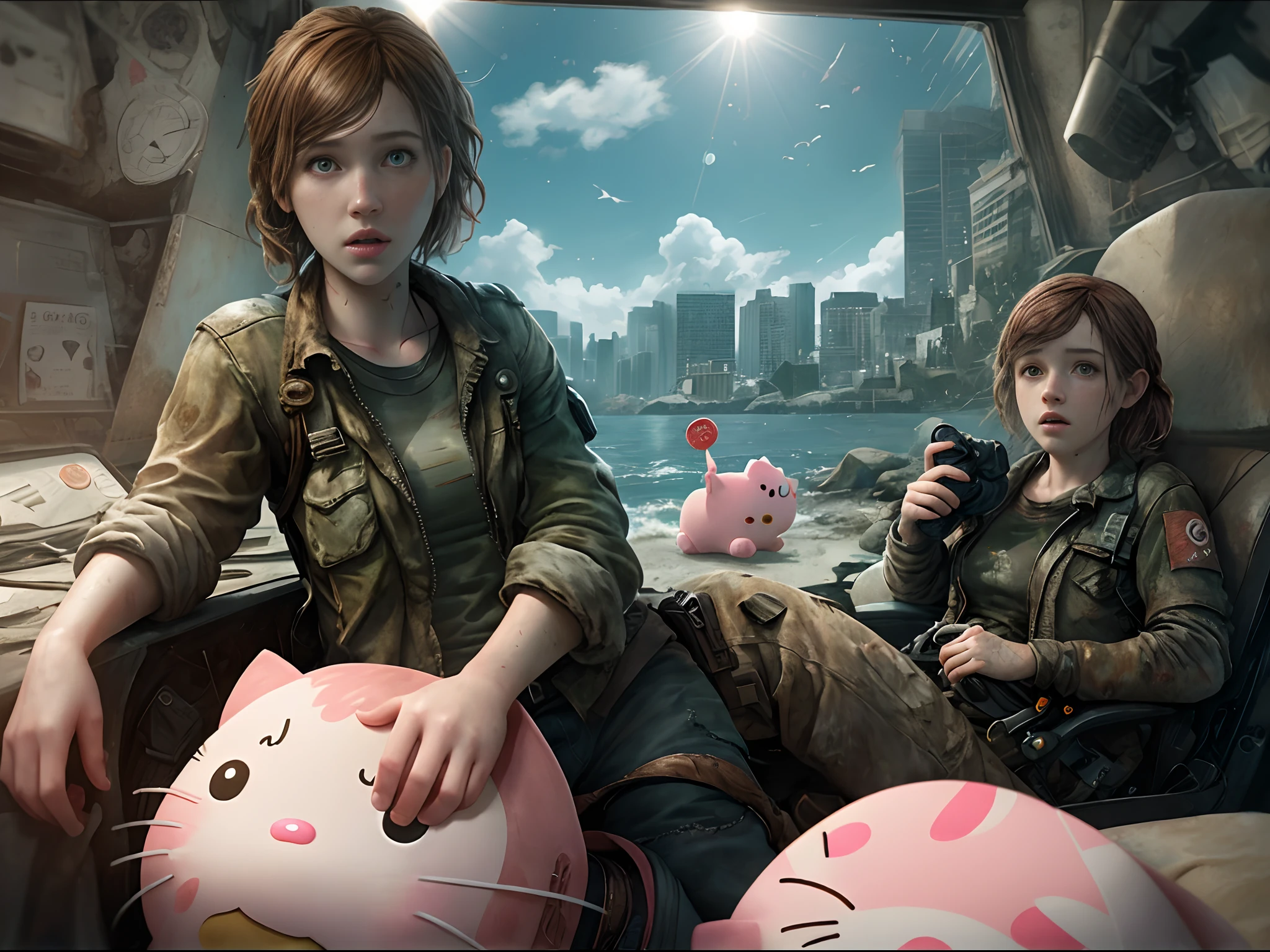 Ellie Williams from the last of us part 2 holding a hello kitty stuffed animal in fish eye view