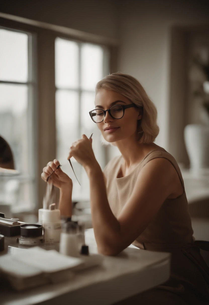 a beautiful woman in the cosmetologist's office, with glasses, he holds a pair of tweezers in his hand, professional, (4k photo:1.1), high detail, wearing azure dress, beautiful detailed face, hazel eyes, short blonde hair, body shape, massage table, windows