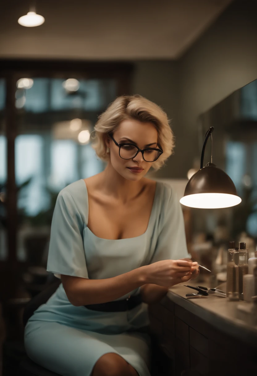 a beautiful woman in the cosmetologist's office, with glasses, he holds a pair of tweezers in his hand, professional, (4k photo:1.1), high detail, wearing azure dress, beautiful detailed face, hazel eyes, short blonde hair, body shape, massage table, windows